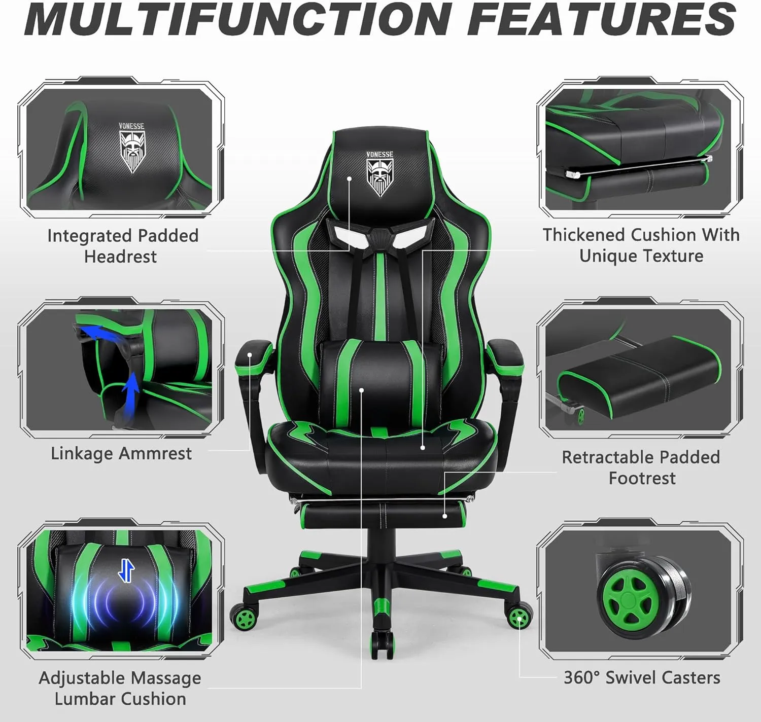 Vonesse Gaming Chair with Footrest,Big and Tall Gamer Chair with Massage,Reclining Computer Gaming Chair for Adults, Ergonomic Game Chair for Teens,High Back Video Game Chairs(Green/Black)