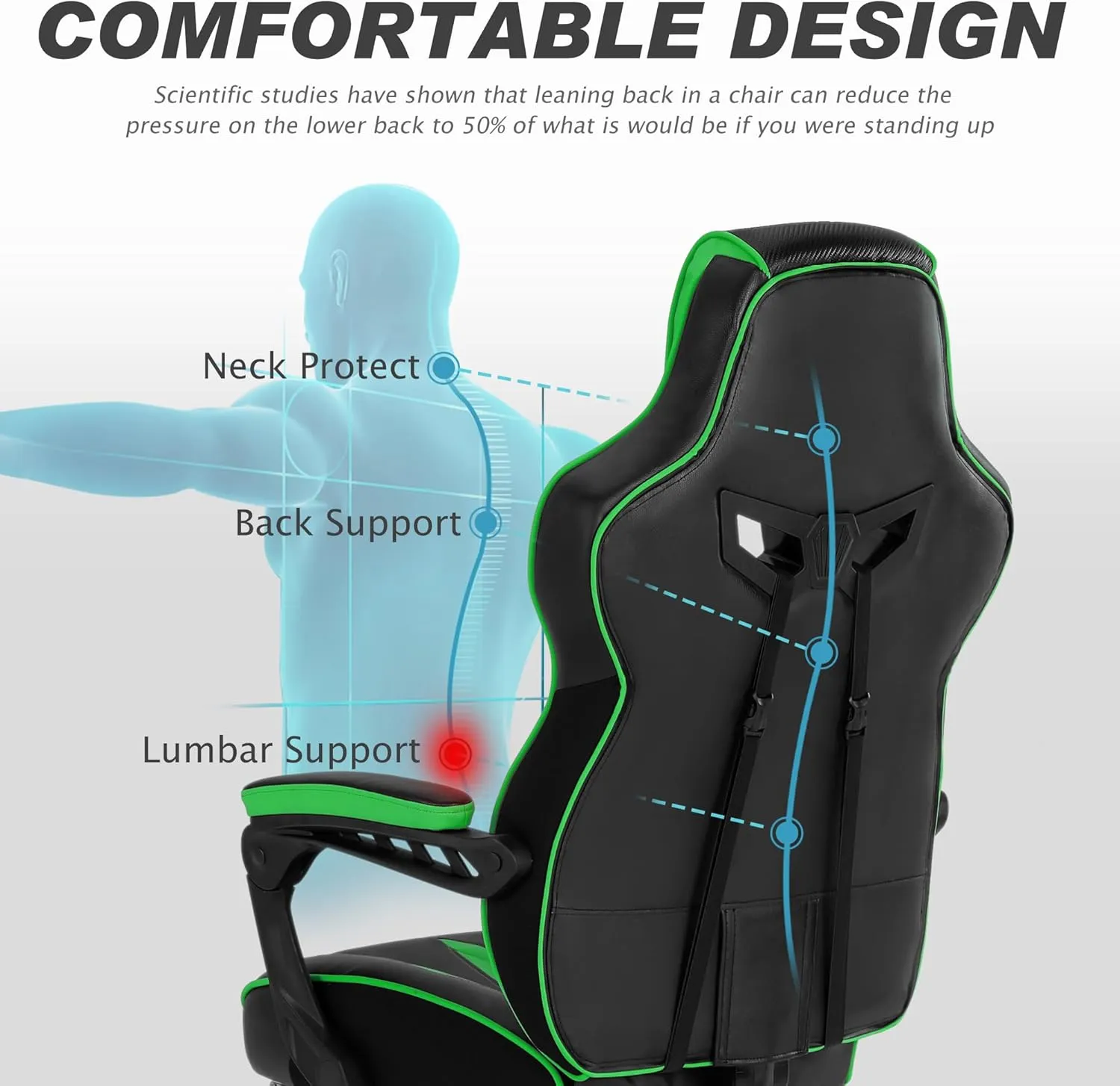 Vonesse Gaming Chair with Footrest,Big and Tall Gamer Chair with Massage,Reclining Computer Gaming Chair for Adults, Ergonomic Game Chair for Teens,High Back Video Game Chairs(Green/Black)