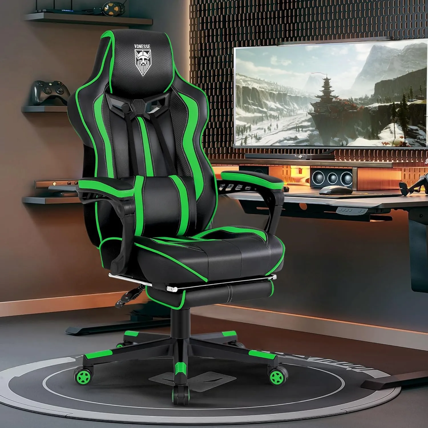 Vonesse Gaming Chair with Footrest,Big and Tall Gamer Chair with Massage,Reclining Computer Gaming Chair for Adults, Ergonomic Game Chair for Teens,High Back Video Game Chairs(Green/Black)