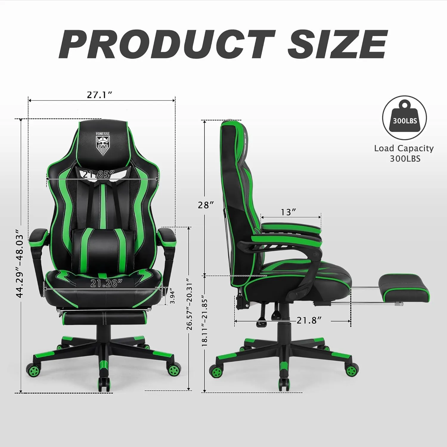 Vonesse Gaming Chair with Footrest,Big and Tall Gamer Chair with Massage,Reclining Computer Gaming Chair for Adults, Ergonomic Game Chair for Teens,High Back Video Game Chairs(Green/Black)