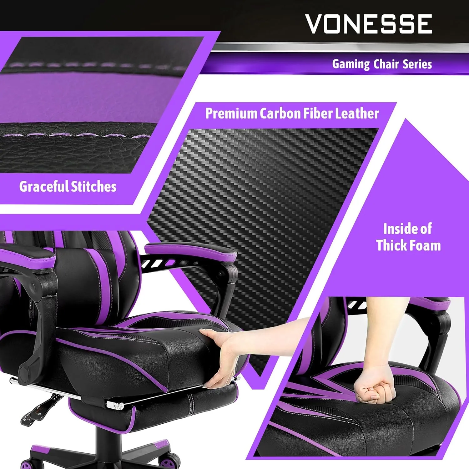 Vonesse Purple Gaming Chair with Footrest,Reclining Computer Gaming Chairs for Adults,Ergonomic Gamer Chair with Massage,Big and Tall PC Game Chair(Purple/Black)