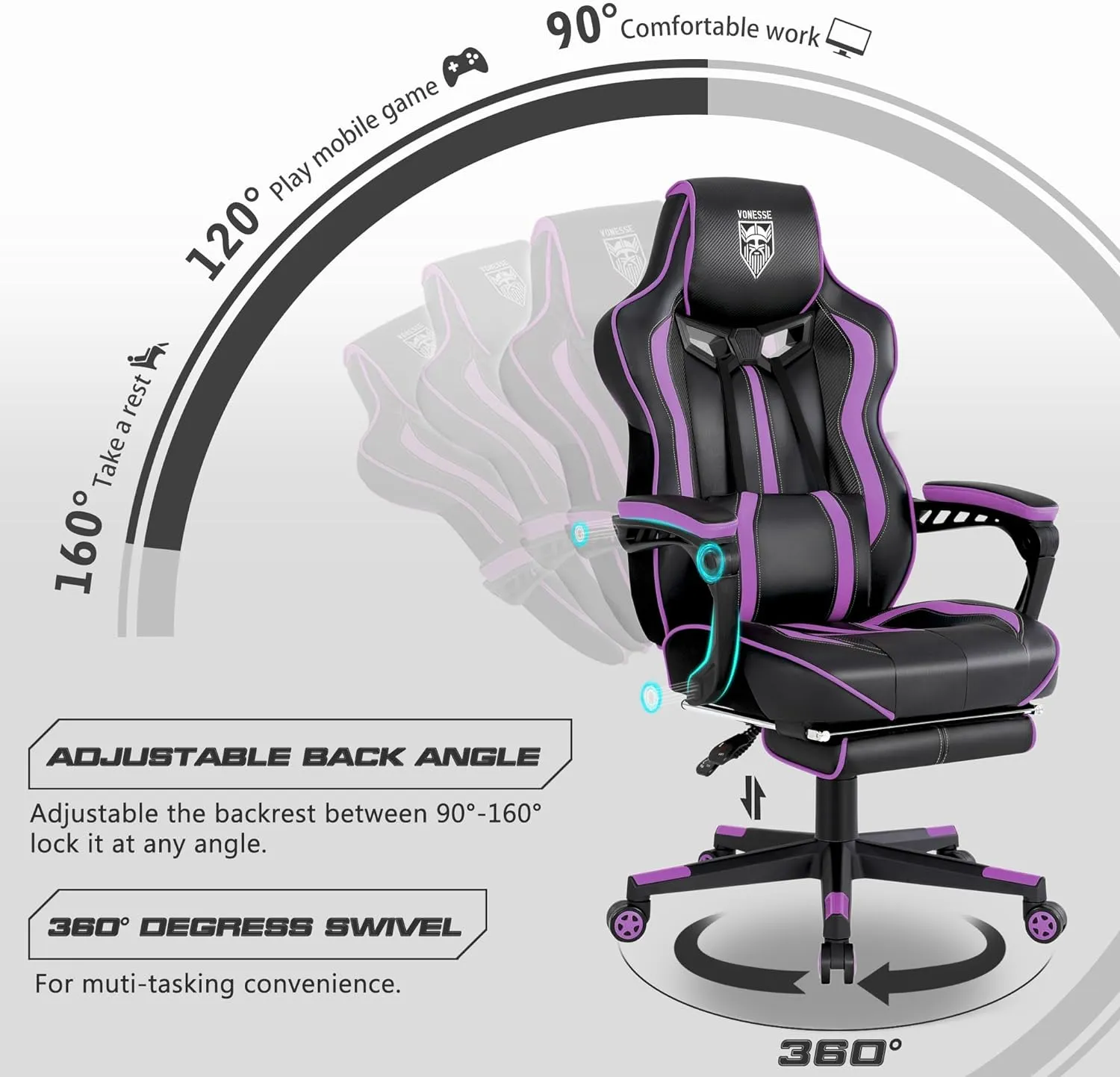 Vonesse Purple Gaming Chair with Footrest,Reclining Computer Gaming Chairs for Adults,Ergonomic Gamer Chair with Massage,Big and Tall PC Game Chair(Purple/Black)
