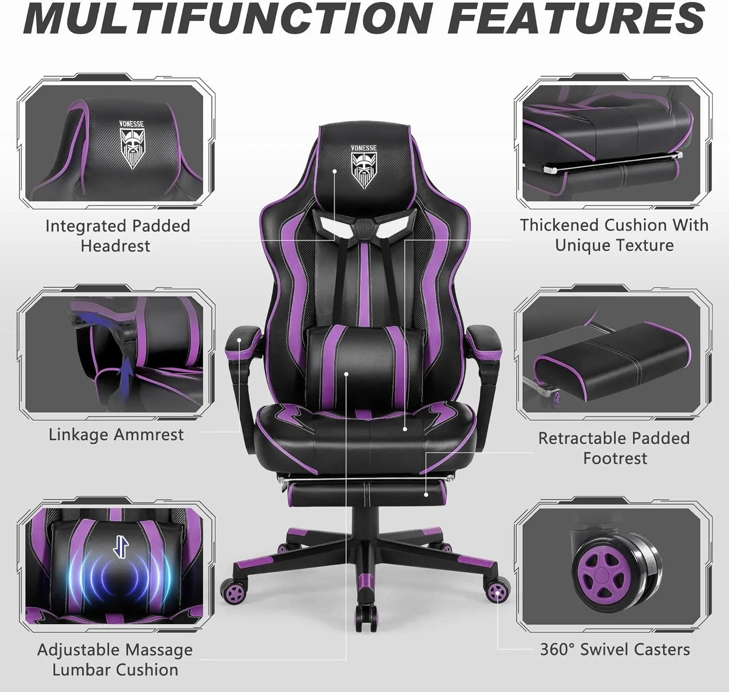 Vonesse Purple Gaming Chair with Footrest,Reclining Computer Gaming Chairs for Adults,Ergonomic Gamer Chair with Massage,Big and Tall PC Game Chair(Purple/Black)