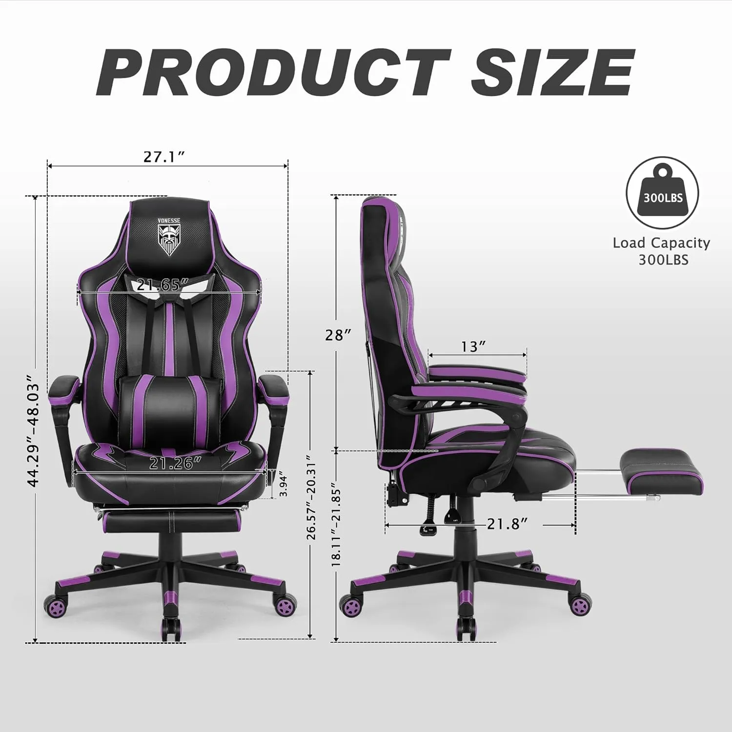 Vonesse Purple Gaming Chair with Footrest,Reclining Computer Gaming Chairs for Adults,Ergonomic Gamer Chair with Massage,Big and Tall PC Game Chair(Purple/Black)