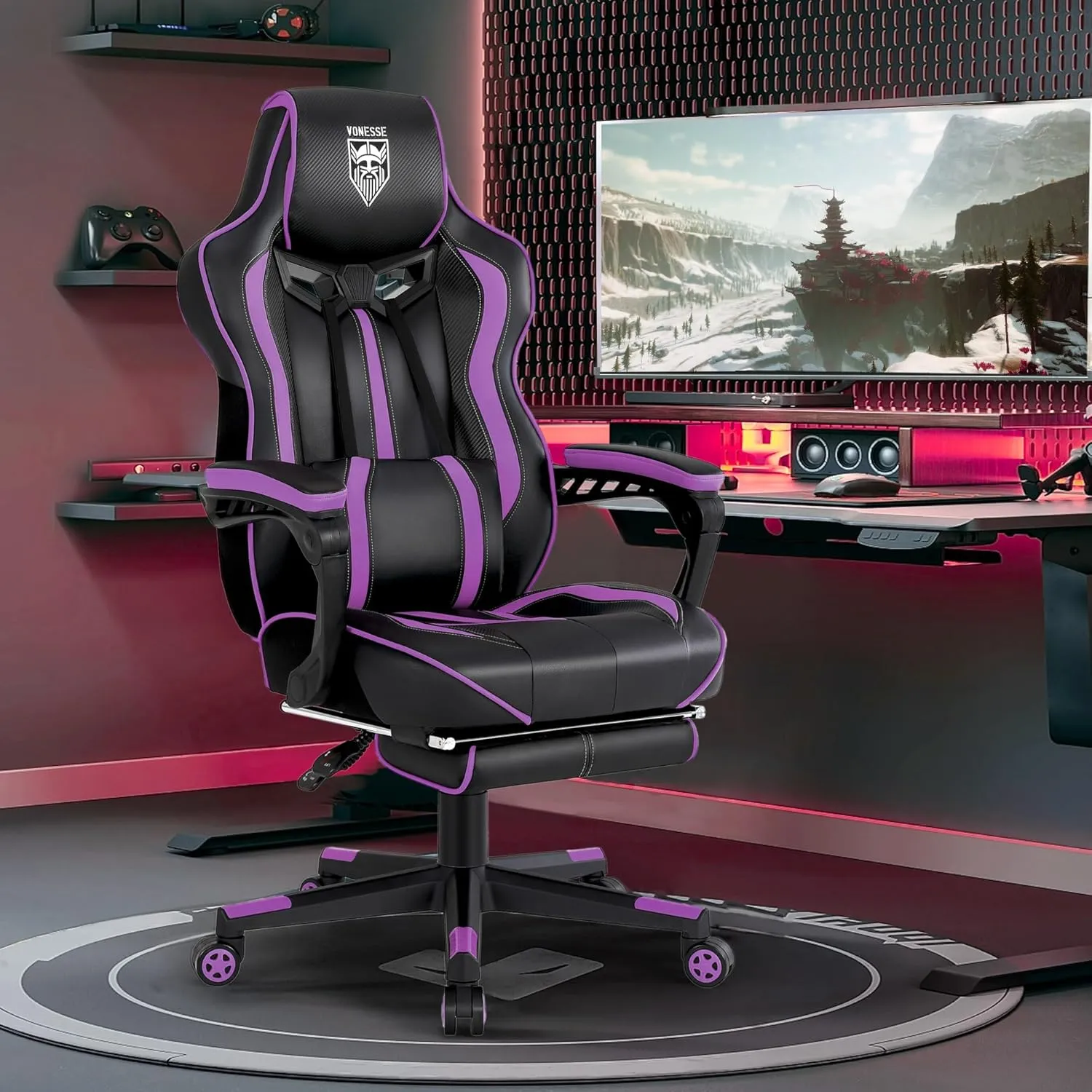 Vonesse Purple Gaming Chair with Footrest,Reclining Computer Gaming Chairs for Adults,Ergonomic Gamer Chair with Massage,Big and Tall PC Game Chair(Purple/Black)