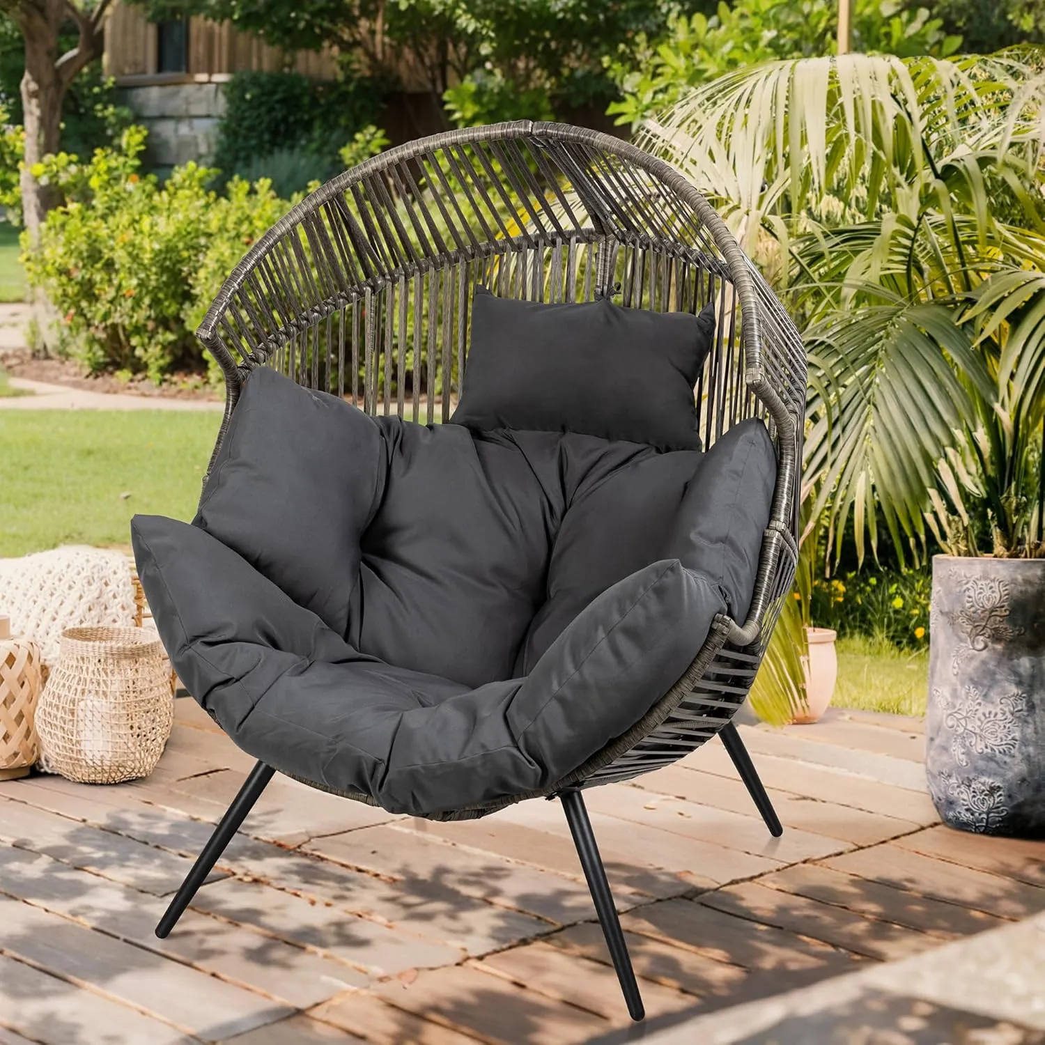 Vongrasig Wicker Egg Chair PE Rattan Chair with Cushion, Oversized Patio Lounge Chair for Outdoor, Indoor, Balcony, Backyard, Garden, Living Room, Black/Rattan