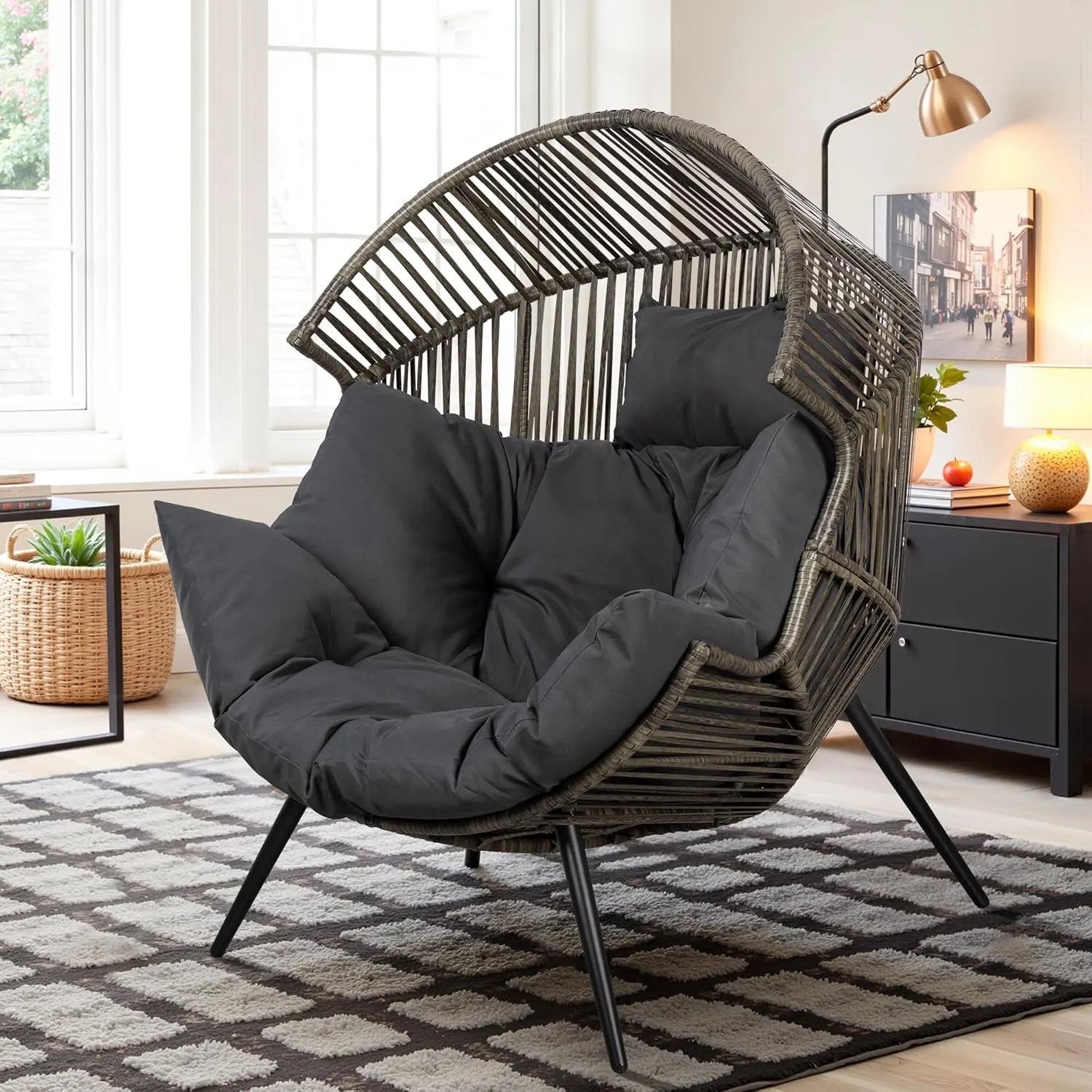Vongrasig Wicker Egg Chair PE Rattan Chair with Cushion, Oversized Patio Lounge Chair for Outdoor, Indoor, Balcony, Backyard, Garden, Living Room, Black/Rattan