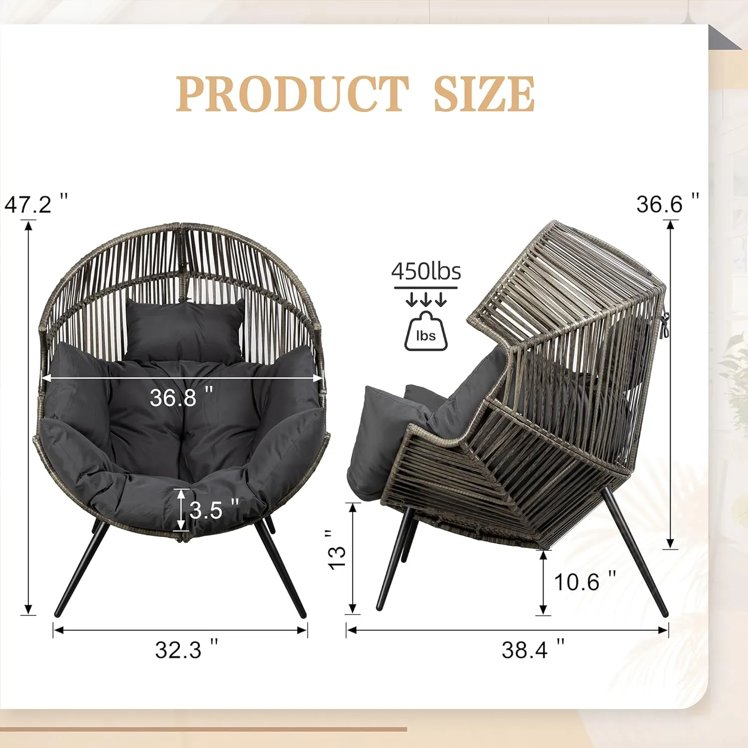 Vongrasig Wicker Egg Chair PE Rattan Chair with Cushion, Oversized Patio Lounge Chair for Outdoor, Indoor, Balcony, Backyard, Garden, Living Room, Black/Rattan