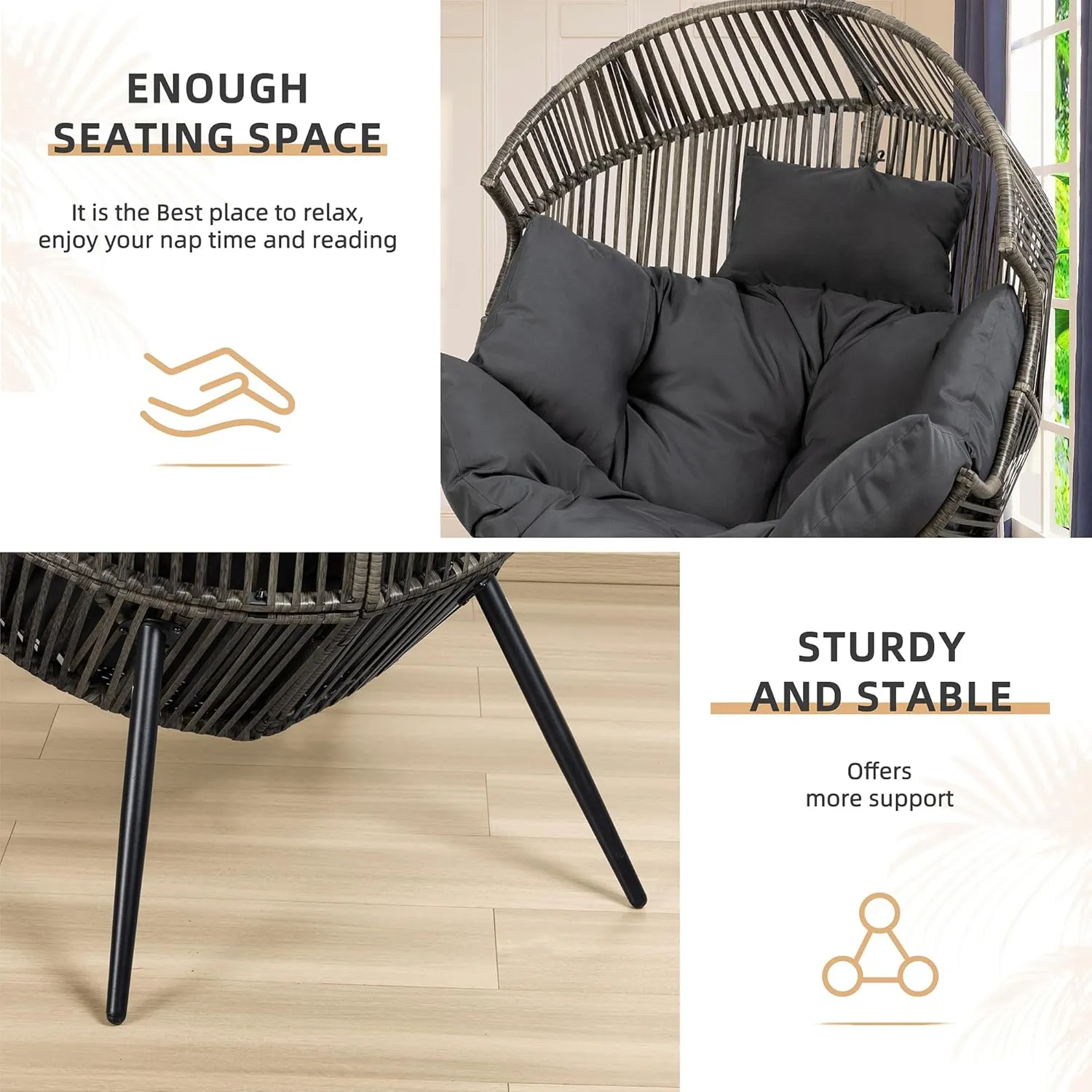 Vongrasig Wicker Egg Chair PE Rattan Chair with Cushion, Oversized Patio Lounge Chair for Outdoor, Indoor, Balcony, Backyard, Garden, Living Room, Black/Rattan