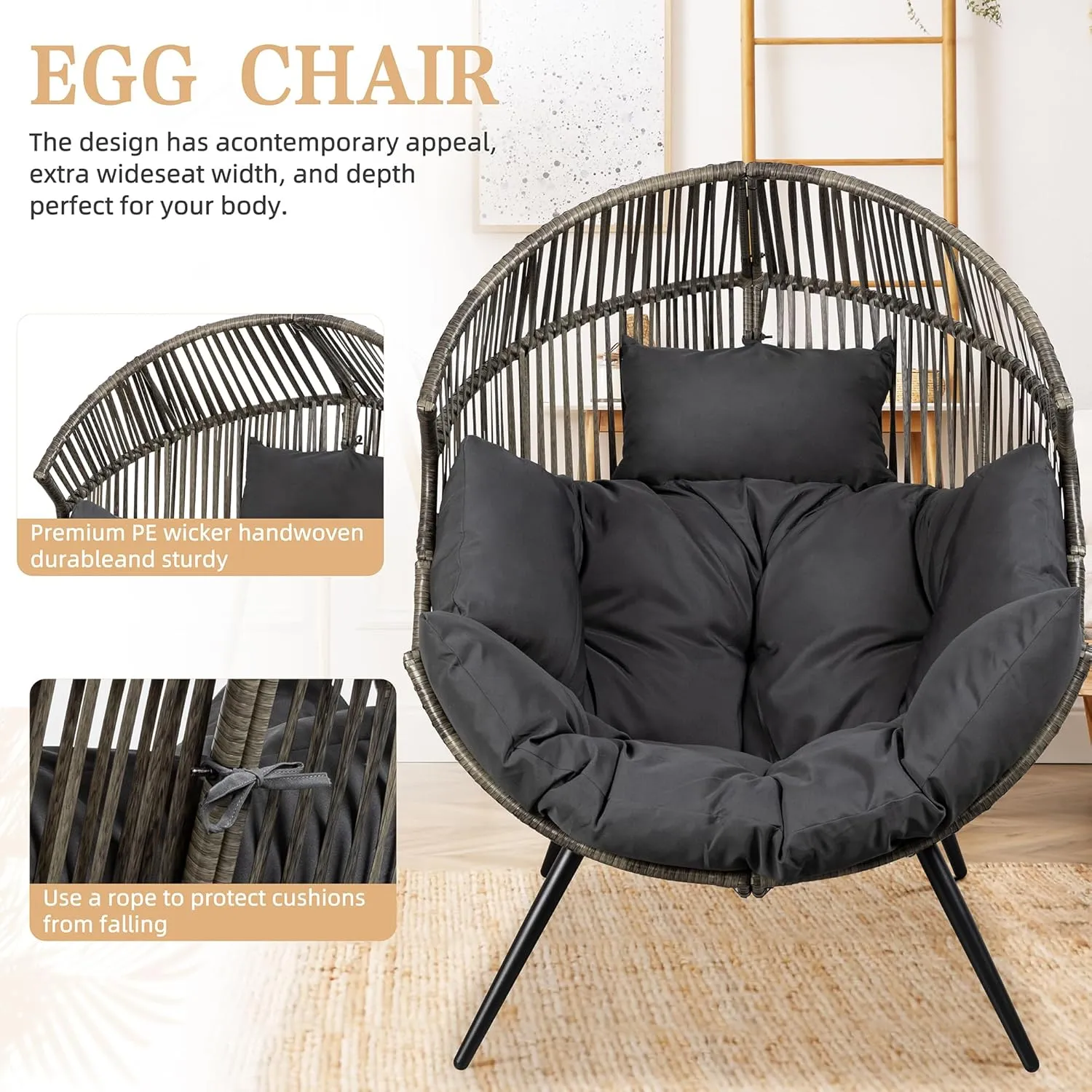 Vongrasig Wicker Egg Chair PE Rattan Chair with Cushion, Oversized Patio Lounge Chair for Outdoor, Indoor, Balcony, Backyard, Garden, Living Room, Black/Rattan
