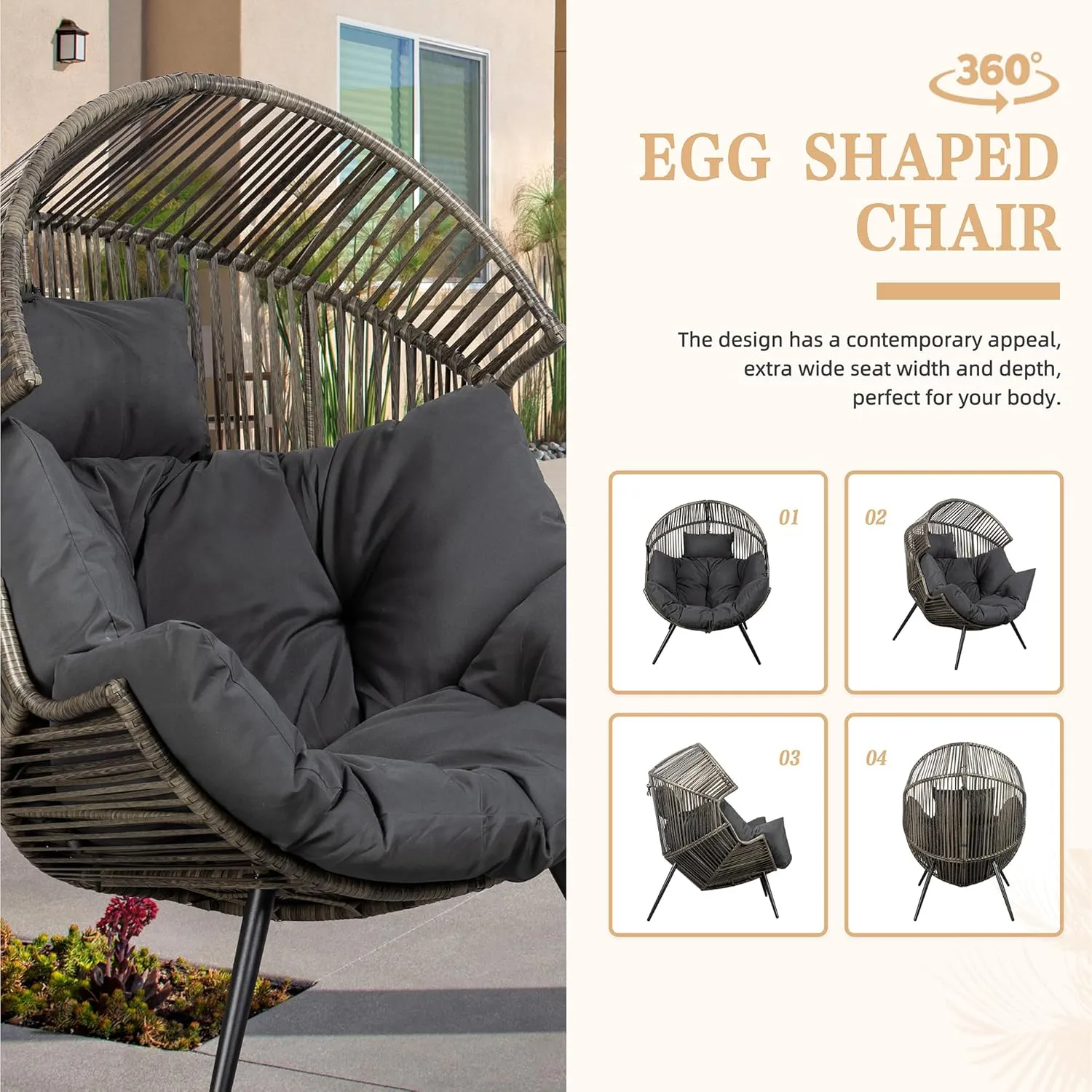 Vongrasig Wicker Egg Chair PE Rattan Chair with Cushion, Oversized Patio Lounge Chair for Outdoor, Indoor, Balcony, Backyard, Garden, Living Room, Black/Rattan