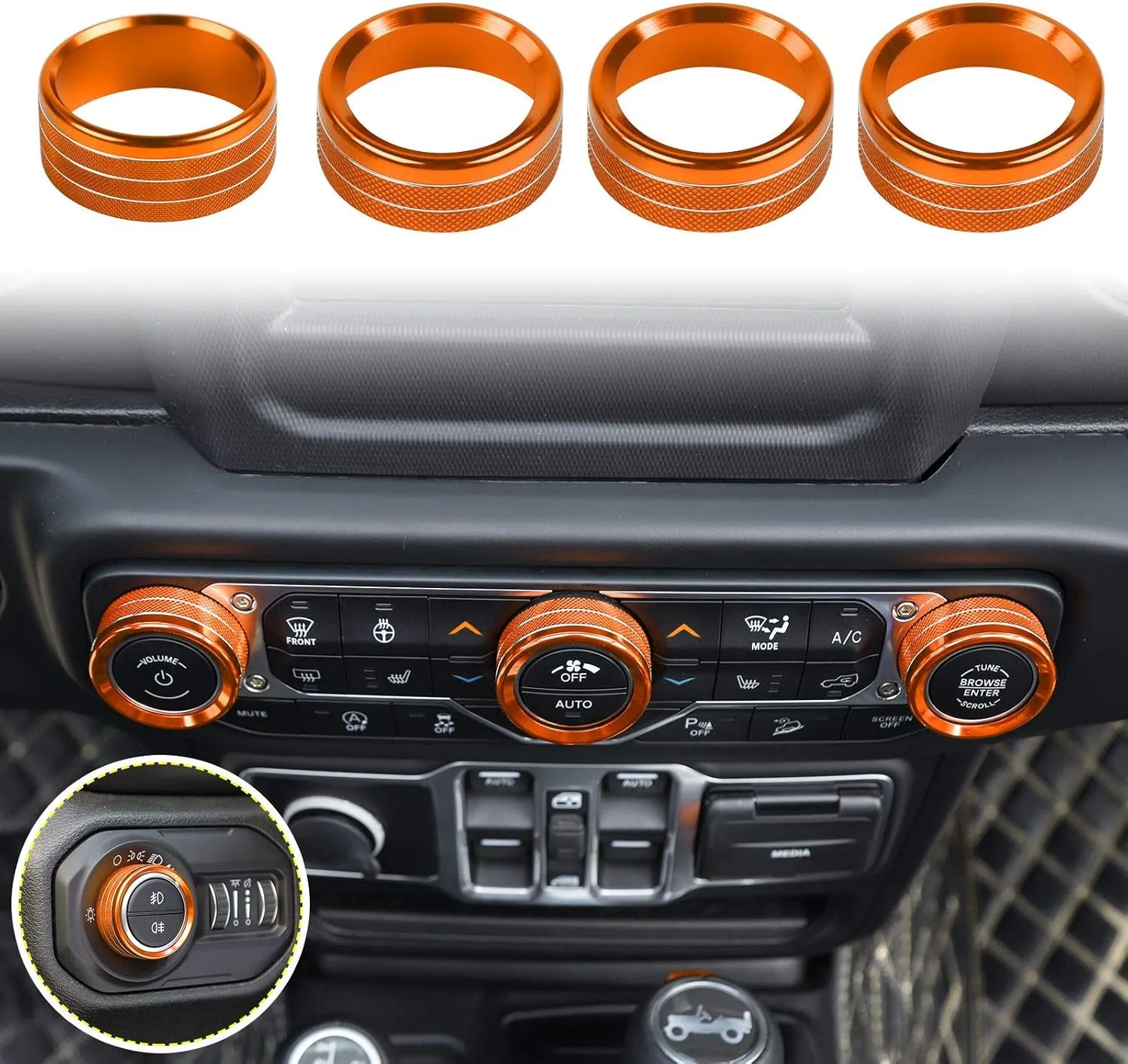 Voodonala Air Conditioner Headlight Center Consoles Switch Knob Cover Trim for 2018-2025  Jeep Wrangler JL JLU Gladiator JT 4xe Interior Accessories Orange Aluminum Alloy 4pcs