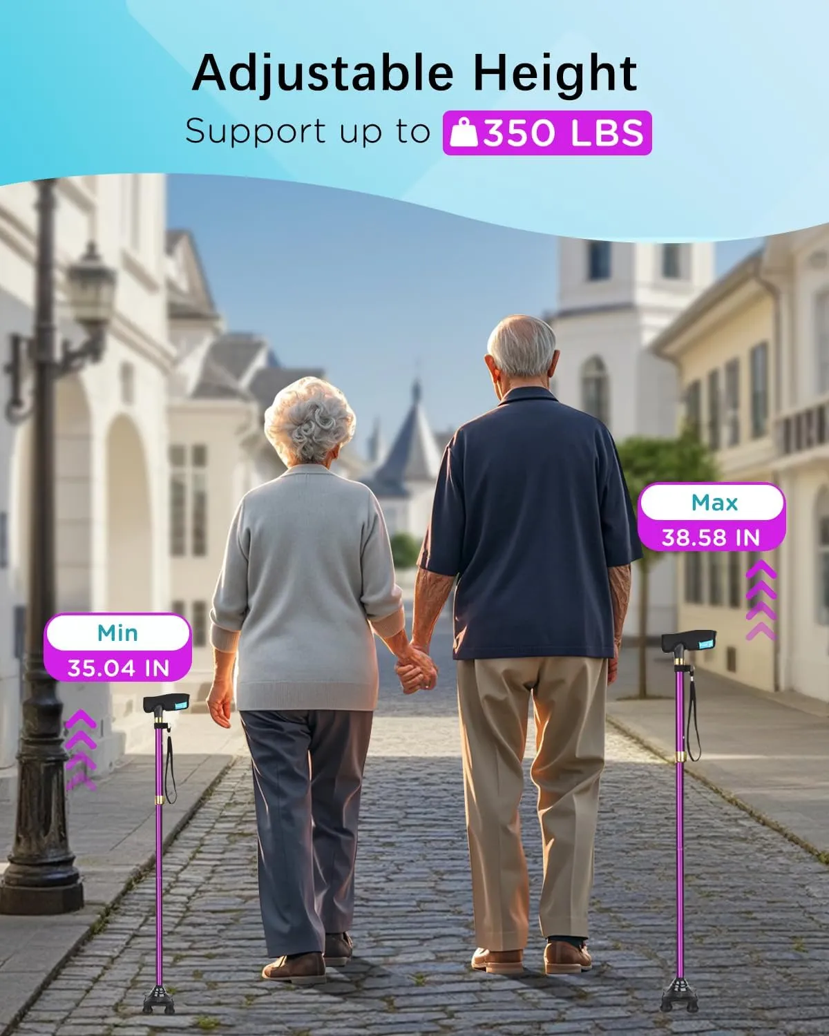 Walking Cane for Men and Women, Folding Adjustable Quad Cane Suitable for 5.4FT-6.3FT, Self Standing Cane with Pad for Seniors for Stability