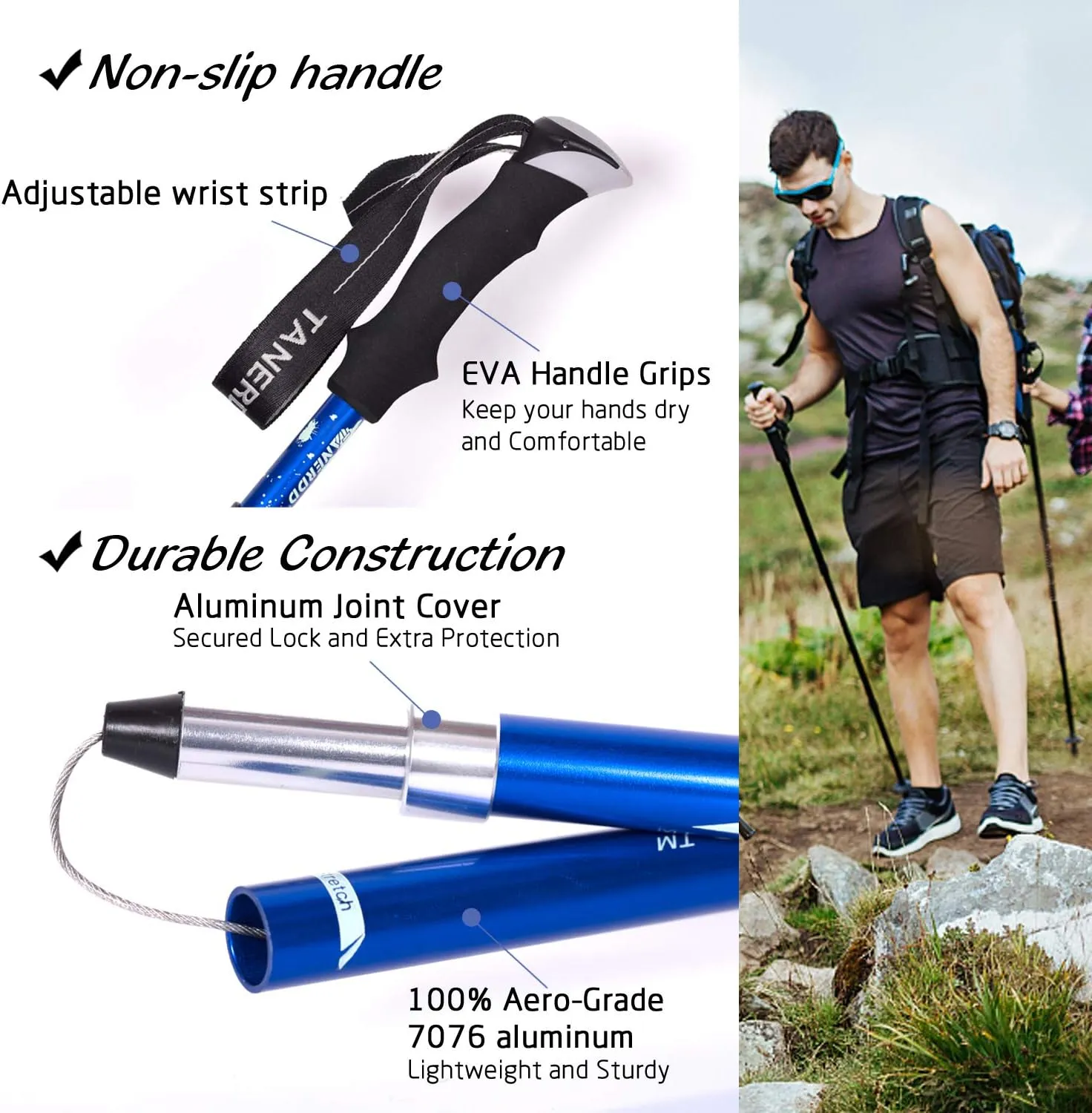 Walking Stick Trekking Poles Collapsible Hiking Poles - Auminum Alloy 7075 Trekking Sticks,Antishock and Quick Lock System, Telescopic, Collapsible, Ultralight