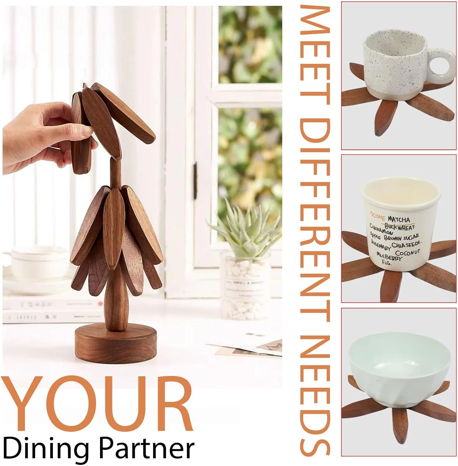 Walnut Tree Table Mat,Wooden Table Mat Tree,Foldable Trivets for Hot Dishes,Non-Slip Heat Insulated Folding Wood Table Plate Mat (Walnut Wood)