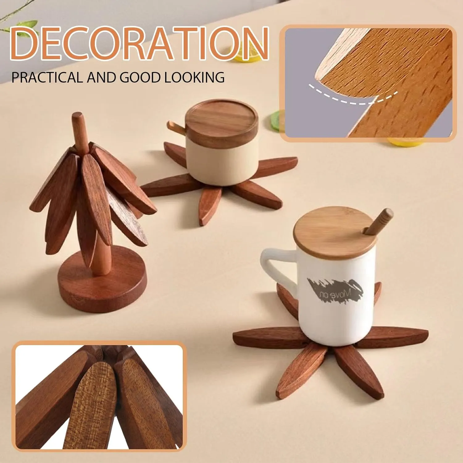 Walnut Tree Table Mat,Wooden Table Mat Tree,Foldable Trivets for Hot Dishes,Non-Slip Heat Insulated Folding Wood Table Plate Mat (Walnut Wood)