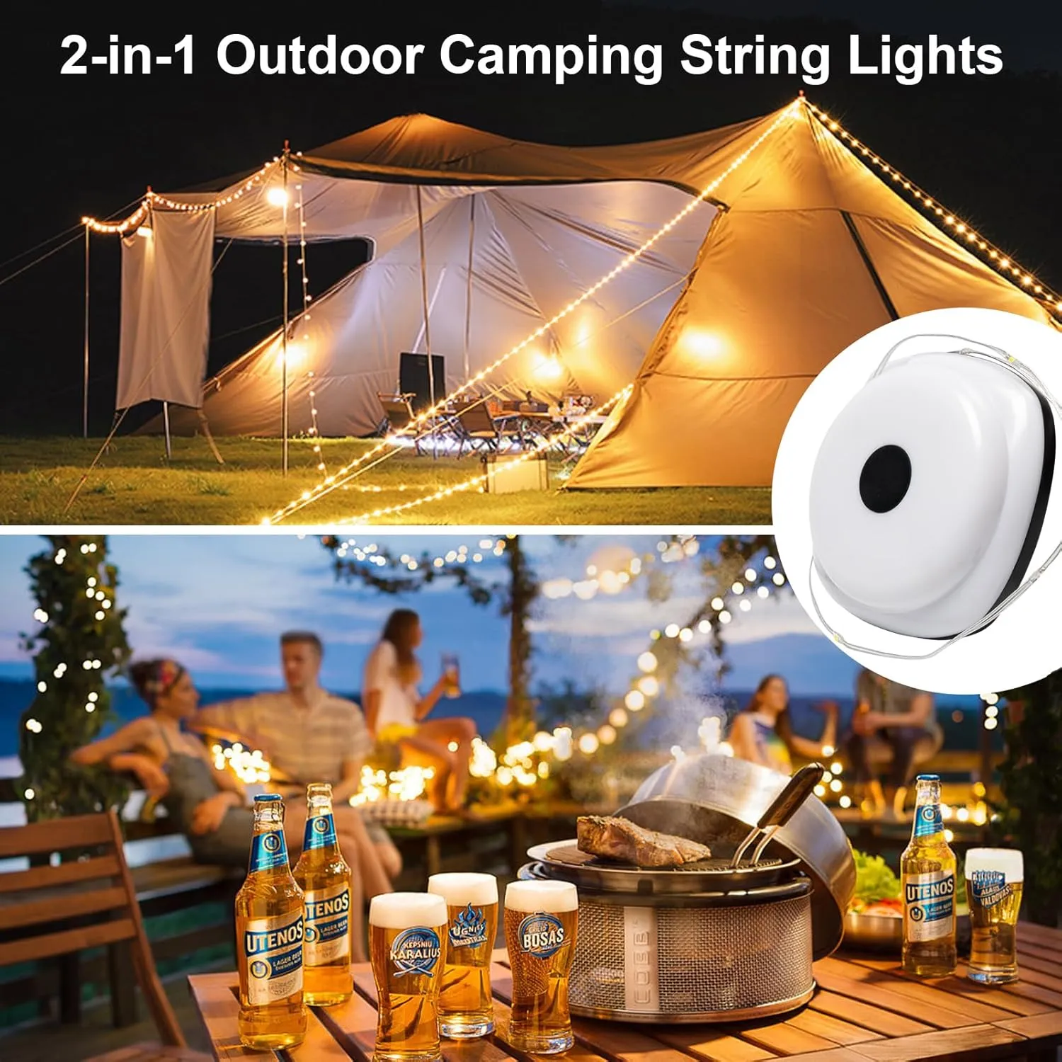 Wanjo Outdoor Camping String Lights, 5 Modes Dual Mode Adventure Tent Lantern (35Ft), Quick 30s Recovery,Portable Versatile Lamp with Carry Bag for Camping,Christmas Fairy Lights Décor