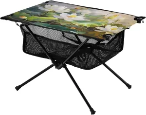 Watercolor White Lotus Portable Folding Camping Table, Compact Lightweight Beach Table with Carrying Bag for Outdoor Picnics, BBQs, Camp
