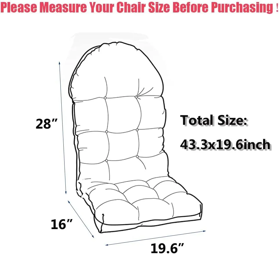 Waterproof Adirondack Rocking Chair Cushion, 44in High Back Patio Cushions Indoor/Outdoor Furniture Pads with Ties (Navy Blue)