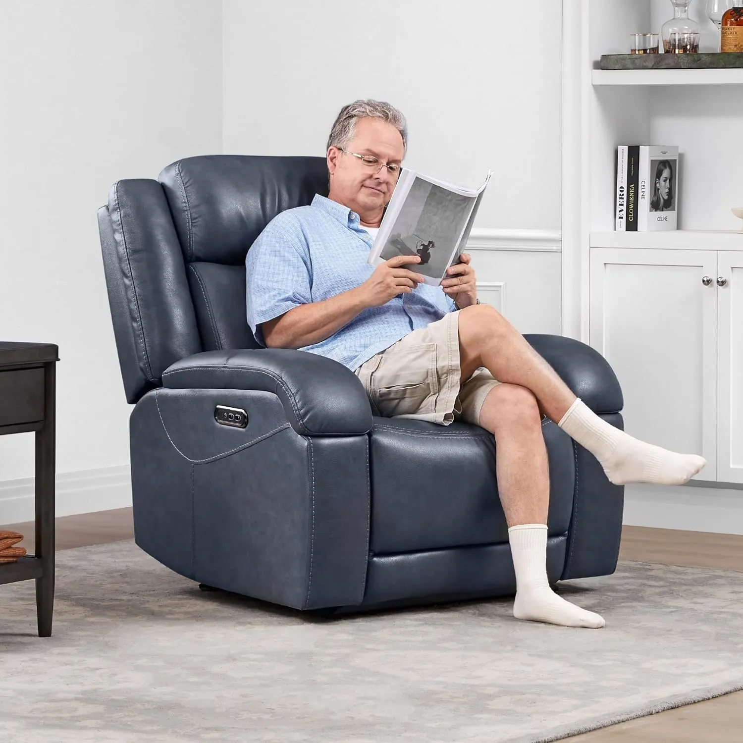 Watson & Whitely Genuine Leather Power Recliner Chairs for Adults, Wall Hugger RV Recliner with Power Headrest & Charging Ports, Electric Recliner Sofa Chair for Living Room, Navy