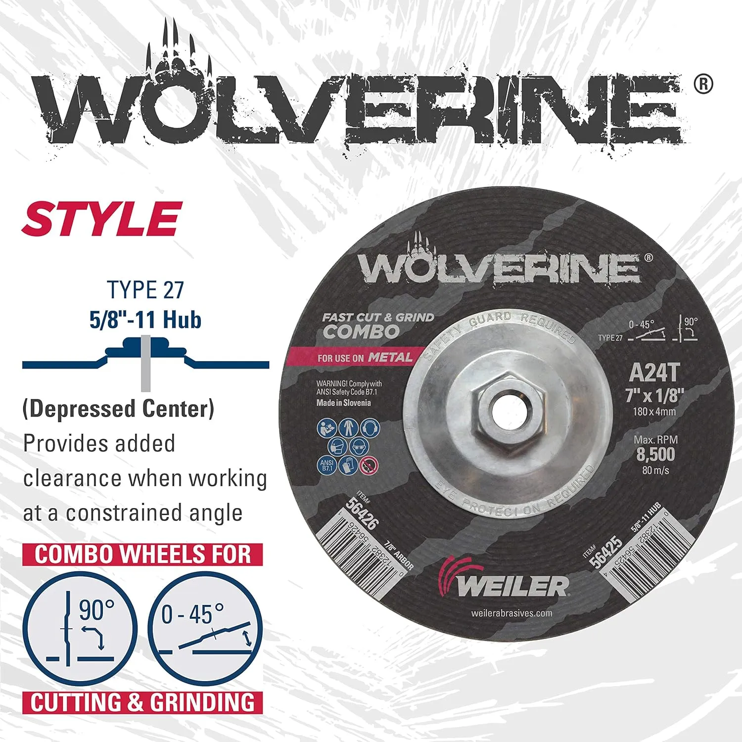 Weiler 56425 Wolverine Type 27 Cut and Grind Combo Wheel, A24T, 5/8" 11 UNC Nut, 7" x 1/8", Aluminum Oxide, 7" Diameter (Pack of 10)