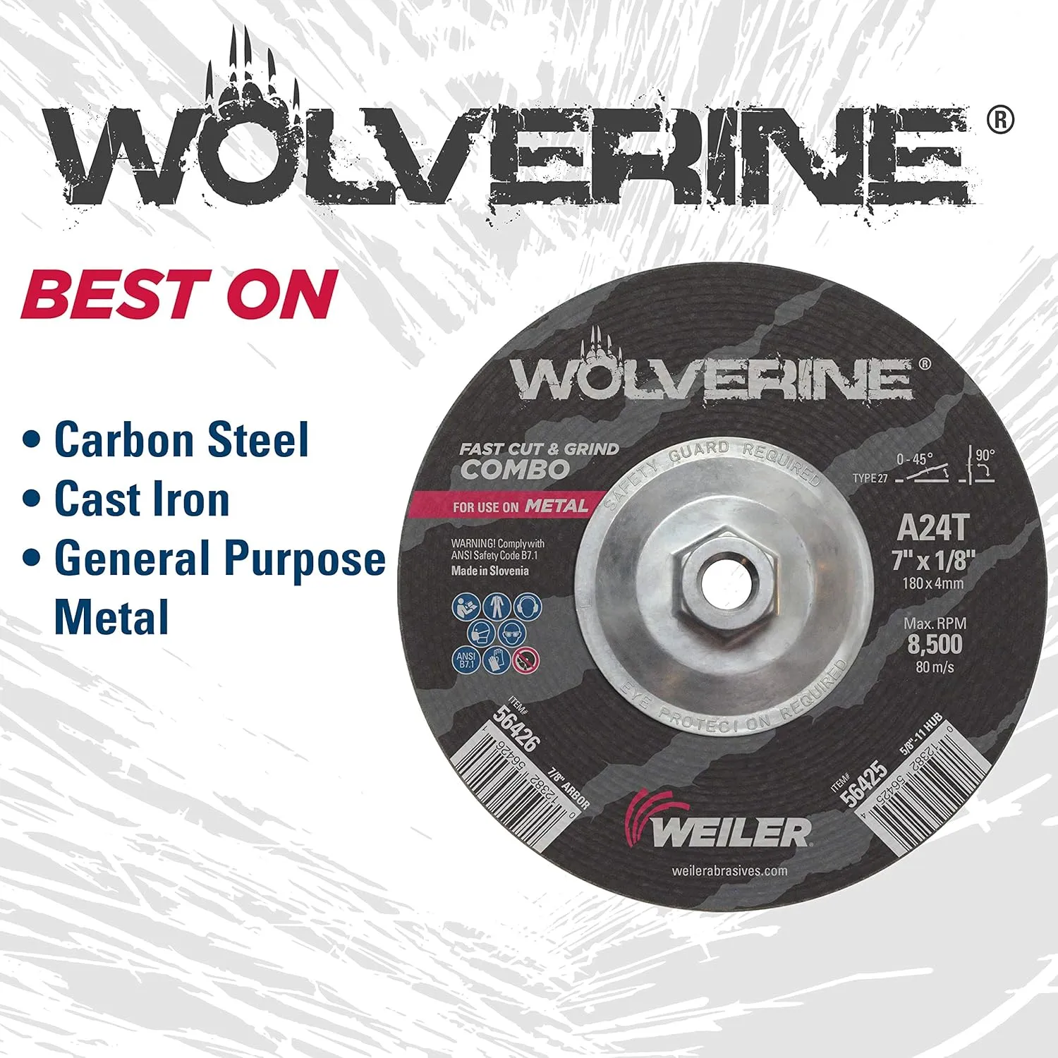 Weiler 56425 Wolverine Type 27 Cut and Grind Combo Wheel, A24T, 5/8" 11 UNC Nut, 7" x 1/8", Aluminum Oxide, 7" Diameter (Pack of 10)