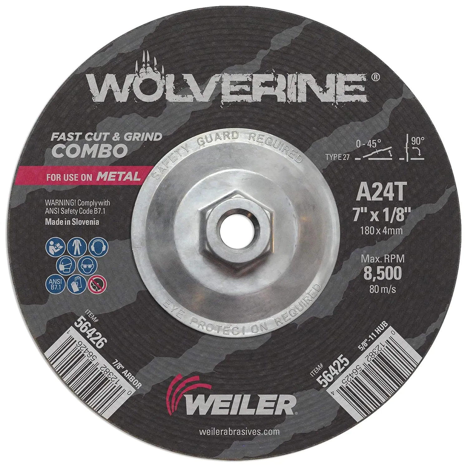 Weiler 56425 Wolverine Type 27 Cut and Grind Combo Wheel, A24T, 5/8" 11 UNC Nut, 7" x 1/8", Aluminum Oxide, 7" Diameter (Pack of 10)