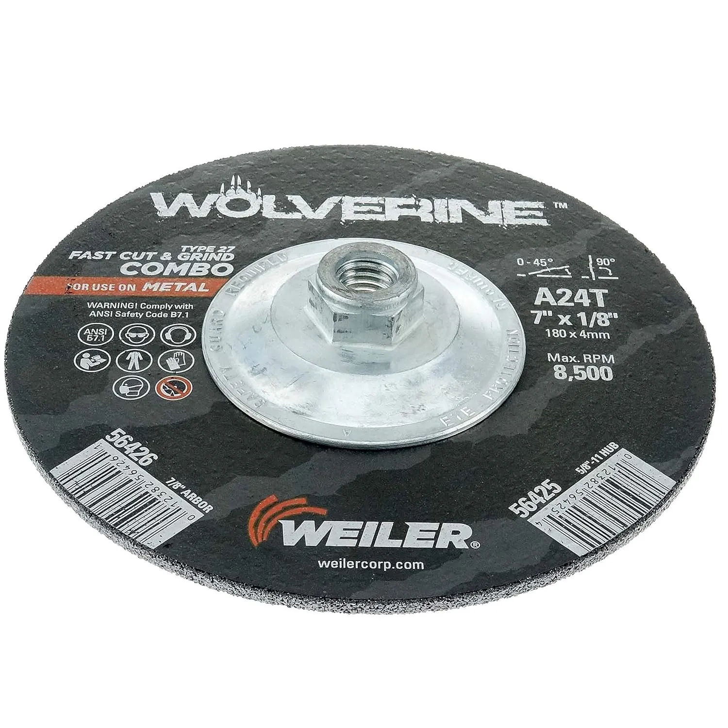 Weiler 56425 Wolverine Type 27 Cut and Grind Combo Wheel, A24T, 5/8" 11 UNC Nut, 7" x 1/8", Aluminum Oxide, 7" Diameter (Pack of 10)
