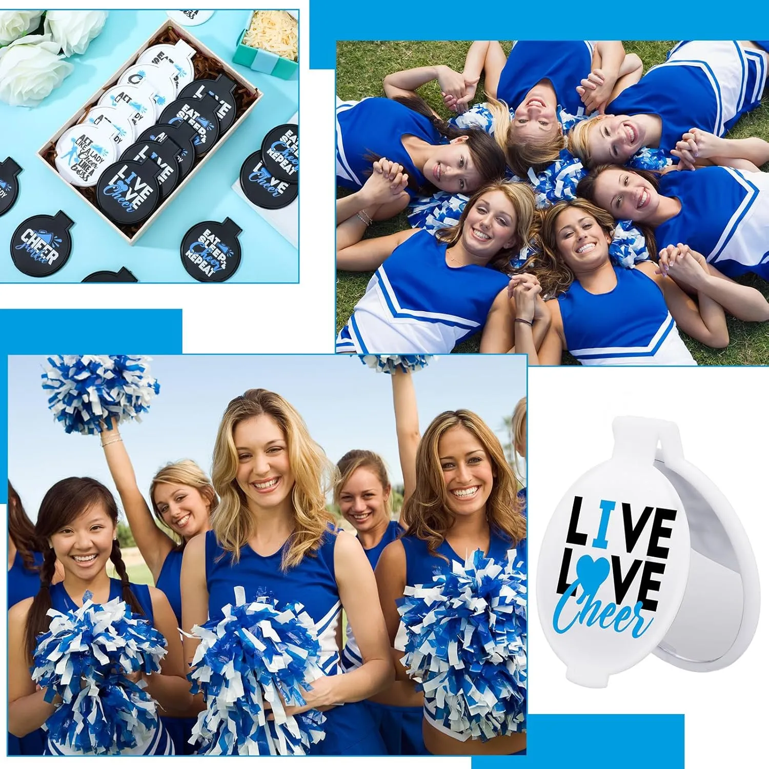 Wenqik 50 Pcs Cheerleader Mirror Gifts Cheerleading Compact Mirror Bulk Folding Pocket Portable Makeup Mirrors Cheer Party Favors for Team Friendship Gift(Blue Cheer)