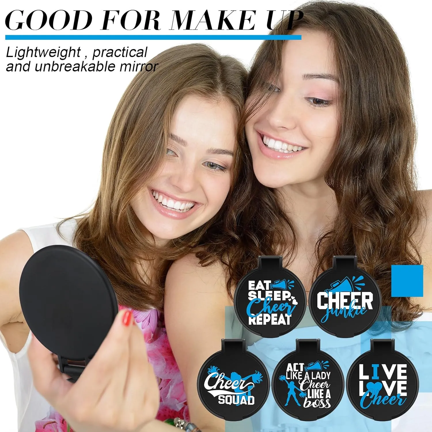 Wenqik 50 Pcs Cheerleader Mirror Gifts Cheerleading Compact Mirror Bulk Folding Pocket Portable Makeup Mirrors Cheer Party Favors for Team Friendship Gift(Blue Cheer)