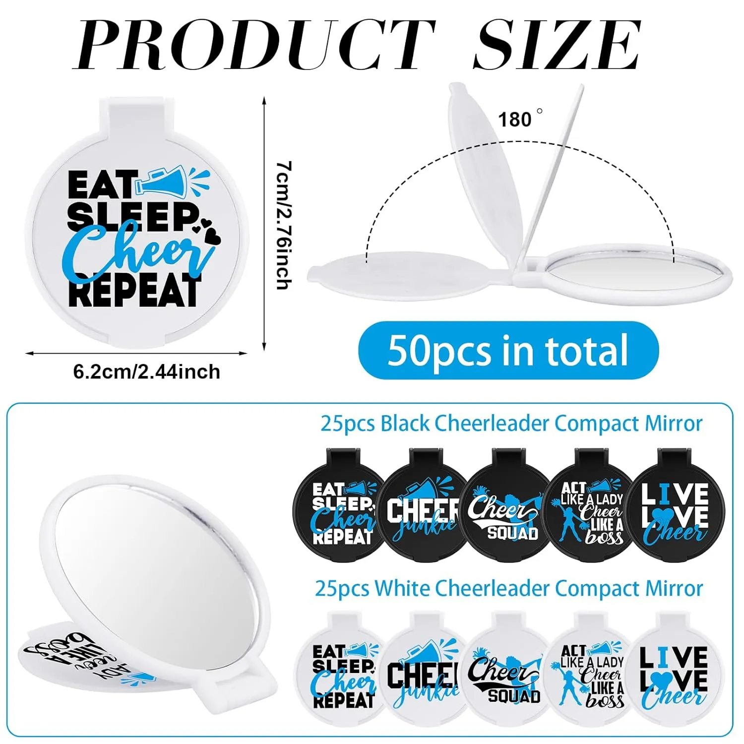 Wenqik 50 Pcs Cheerleader Mirror Gifts Cheerleading Compact Mirror Bulk Folding Pocket Portable Makeup Mirrors Cheer Party Favors for Team Friendship Gift(Blue Cheer)