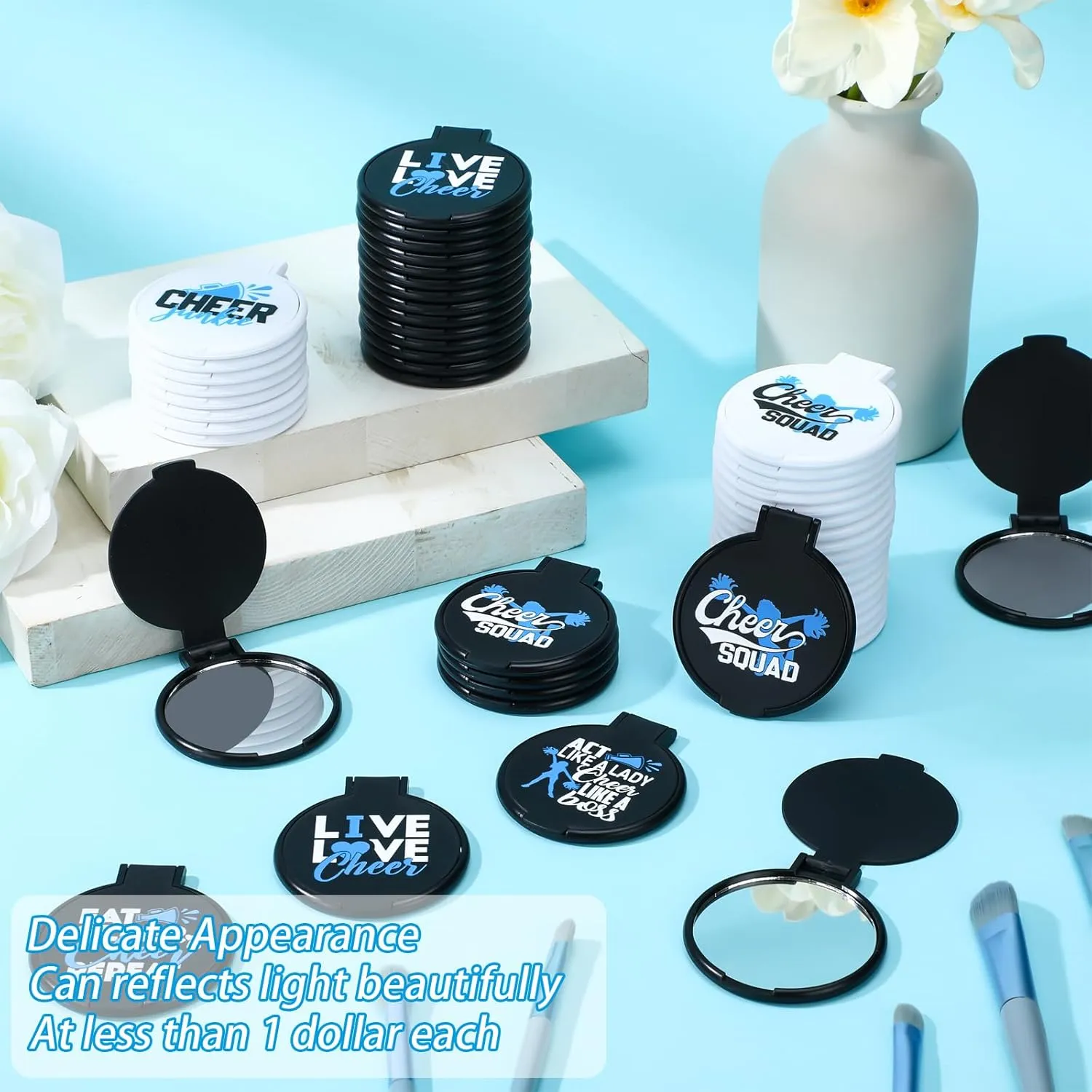 Wenqik 50 Pcs Cheerleader Mirror Gifts Cheerleading Compact Mirror Bulk Folding Pocket Portable Makeup Mirrors Cheer Party Favors for Team Friendship Gift(Blue Cheer)