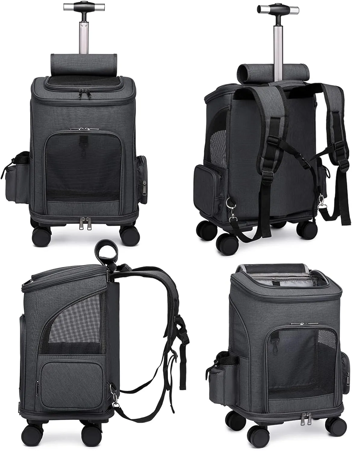Wheeled Pet Carrier Travel Backpack Bag Pet Stroller Luggage Bag Trolley for Dogs, Cats, Pets W/Removable Wheels Telescopic Handle,Mesh Ventilation Windows, Storage Pockets,Easy to Fold
