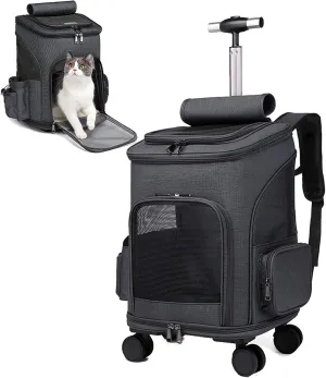 Wheeled Pet Carrier Travel Backpack Bag Pet Stroller Luggage Bag Trolley for Dogs, Cats, Pets W/Removable Wheels Telescopic Handle,Mesh Ventilation Windows, Storage Pockets,Easy to Fold
