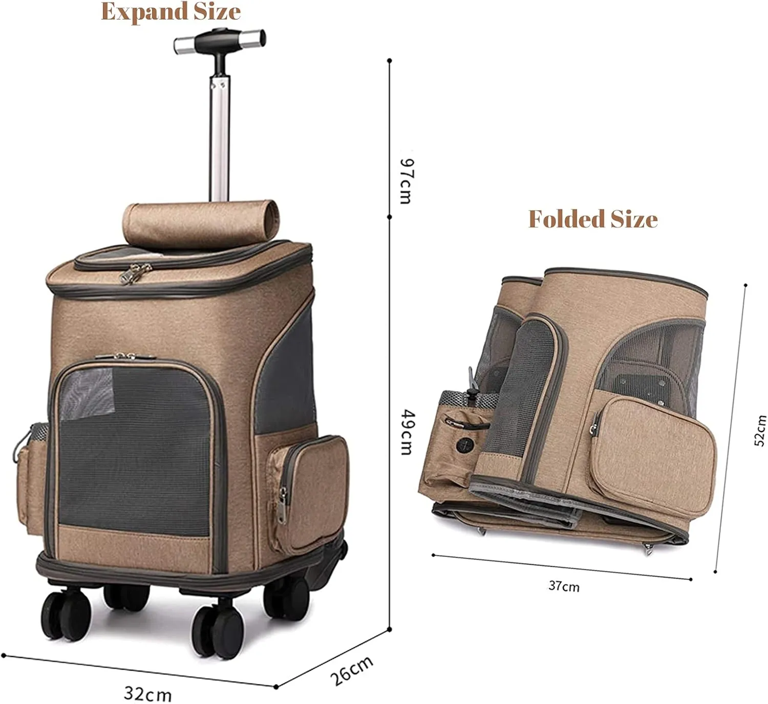 Wheeled Pet Carrier Travel Backpack Bag Pet Stroller Luggage Bag Trolley for Dogs, Cats, Pets W/Removable Wheels Telescopic Handle,Mesh Ventilation Windows, Storage Pockets,Easy to Fold