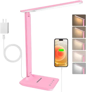White crown LED Desk Lamp Dimmable Table Lamp Reading Lamp with USB Charging Port, 5 Lighting Modes, Sensitive Control, 30/60 Minutes Timer (Pink, First-Generation)