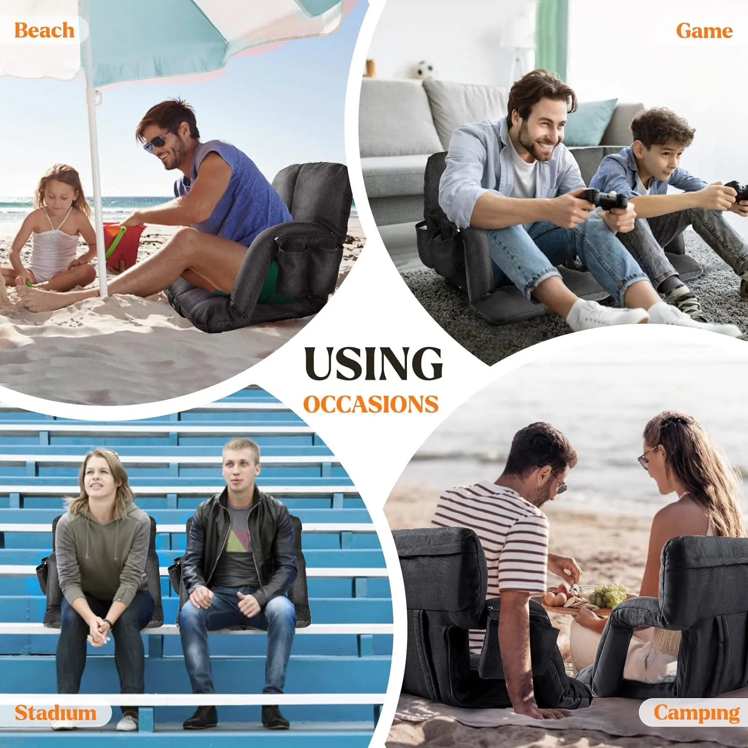 Wide Stadium Seats with Back Support, 2 Pack Bleacher Chairs with Comfy Cushion, 6 Reclining Positions, Portable Stadium Chair Bleacher Seat with Armrests for Sport Events, Camping, Beaches (Black)