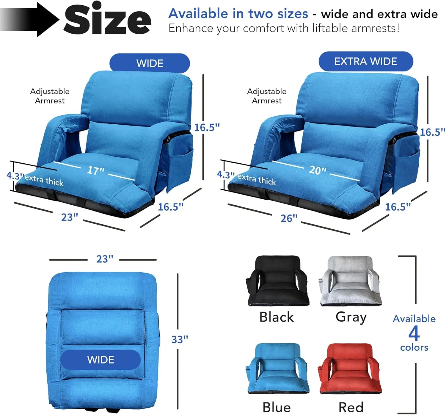 Wide Stadium Seats With Back Support 2 Pack, Exclusive "Sofa Style" Design Extra Thick Bleacher Chairs With Back and Cushion, 6 Reclining Positions - Ultimate Comfort for Sports Events (Blue, 22.5")