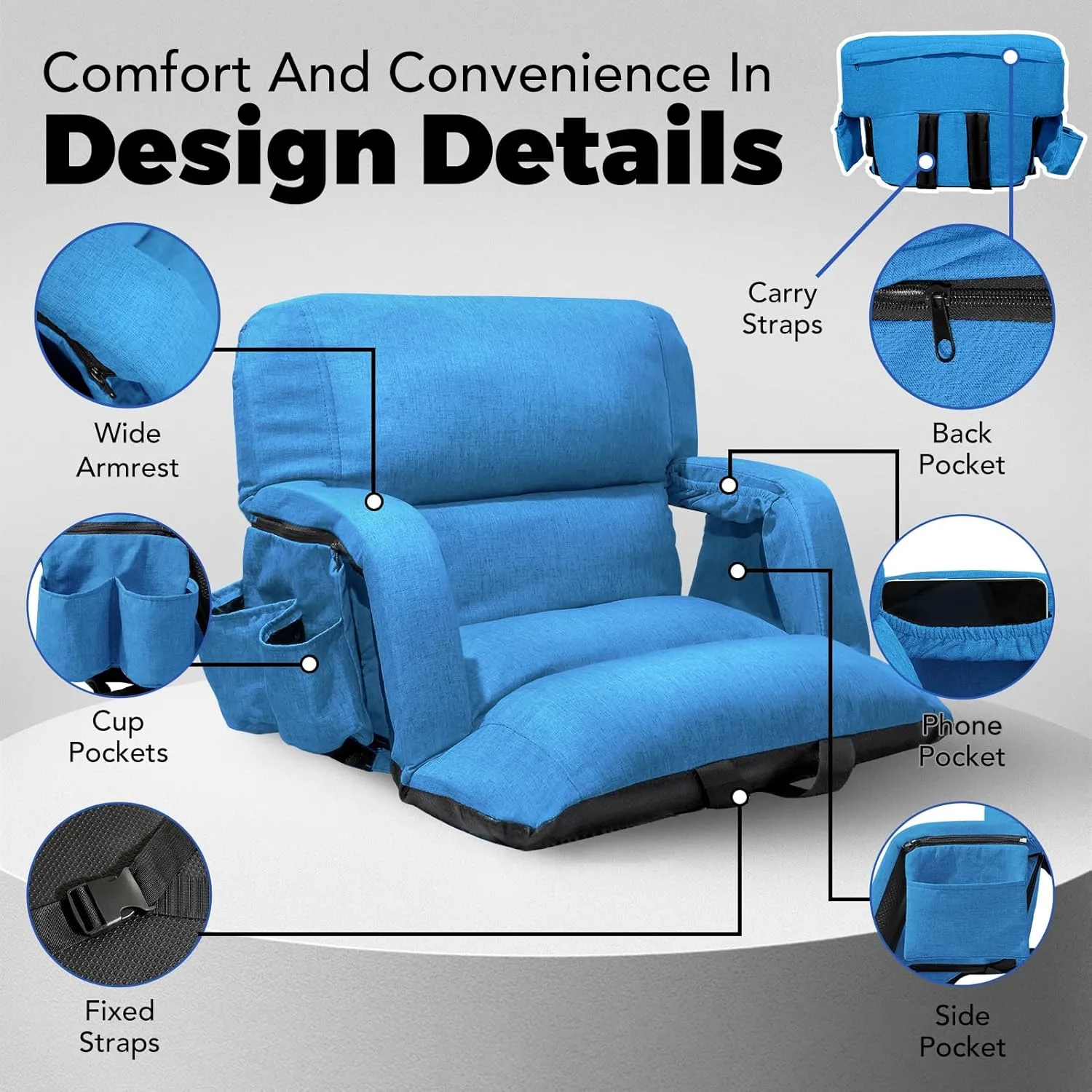 Wide Stadium Seats With Back Support 2 Pack, Exclusive "Sofa Style" Design Extra Thick Bleacher Chairs With Back and Cushion, 6 Reclining Positions - Ultimate Comfort for Sports Events (Blue, 22.5")