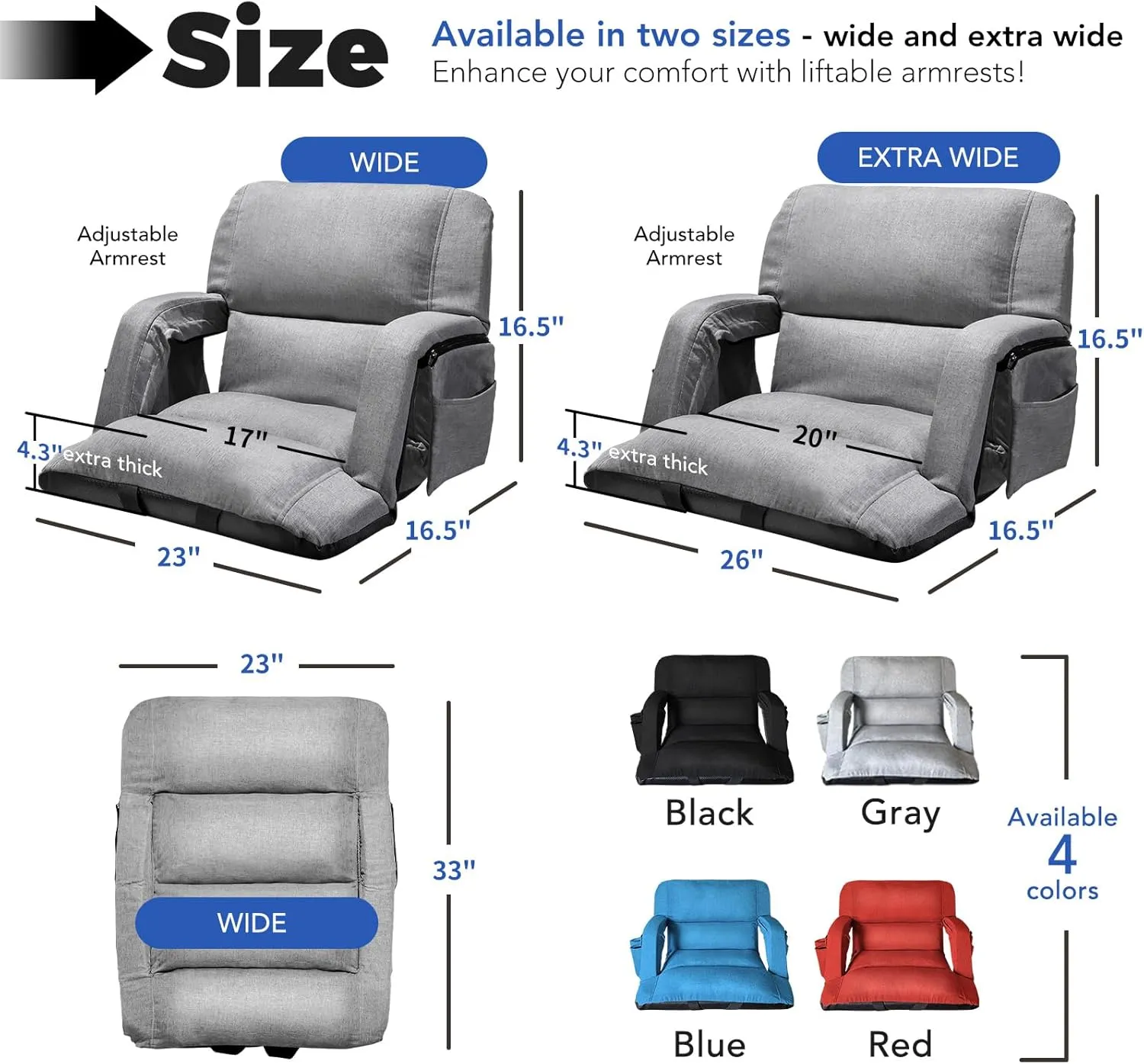 Wide Stadium Seats With Back Support 2 Pack, Exclusive "Sofa Style" Design Extra Thick Bleacher Chairs With Back and Cushion, 6 Reclining Positions - Ultimate Comfort for Sports Events (Grey, 22.5")