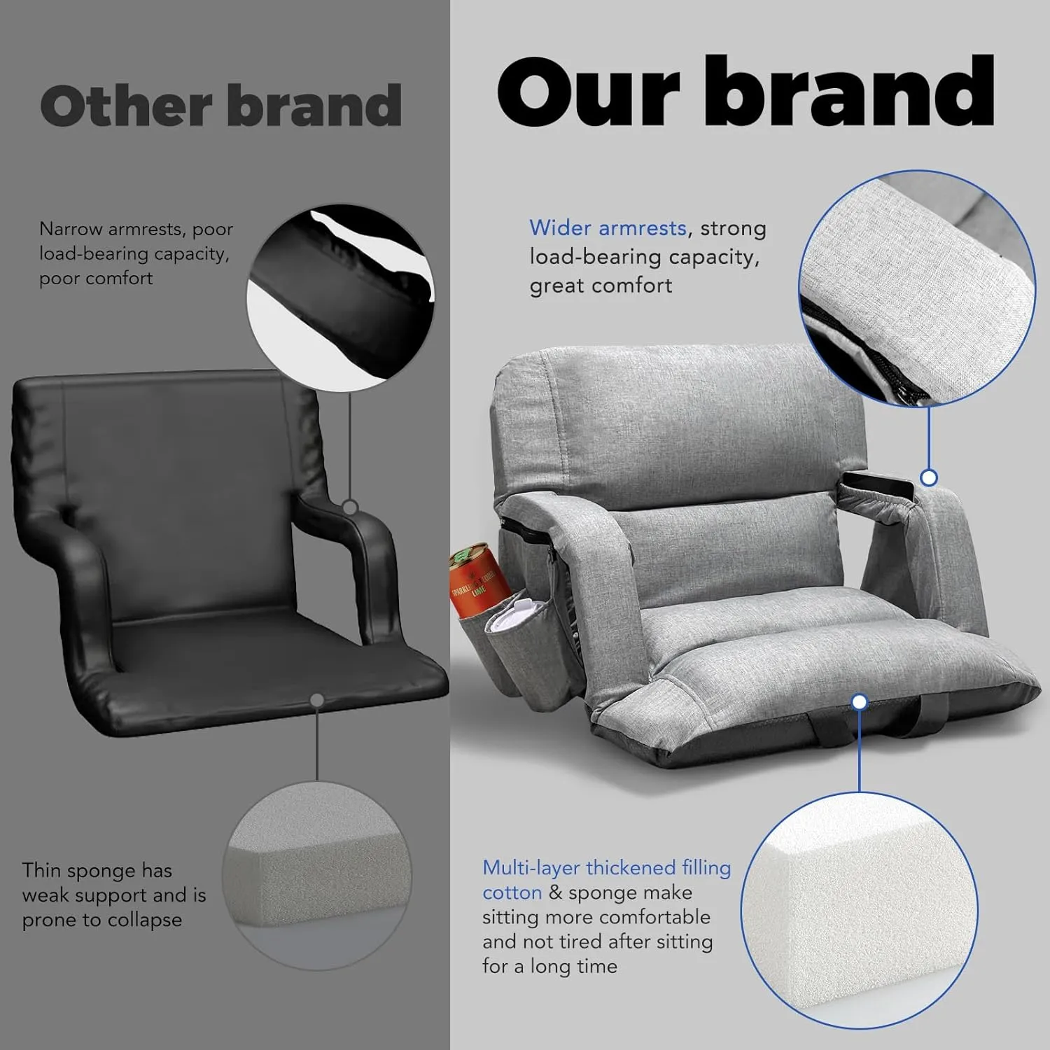 Wide Stadium Seats With Back Support 2 Pack, Exclusive "Sofa Style" Design Extra Thick Bleacher Chairs With Back and Cushion, 6 Reclining Positions - Ultimate Comfort for Sports Events (Grey, 22.5")