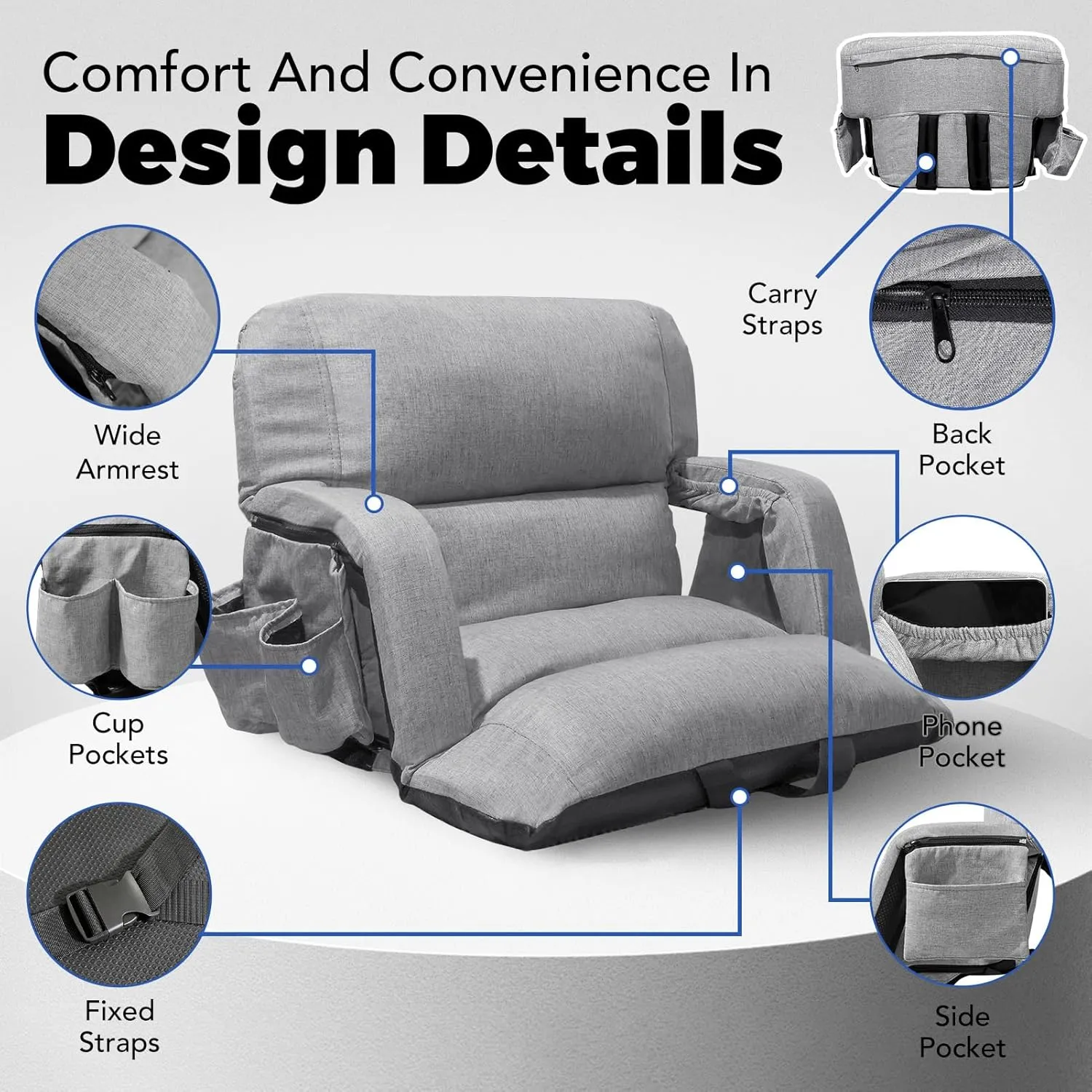 Wide Stadium Seats With Back Support 2 Pack, Exclusive "Sofa Style" Design Extra Thick Bleacher Chairs With Back and Cushion, 6 Reclining Positions - Ultimate Comfort for Sports Events (Grey, 22.5")