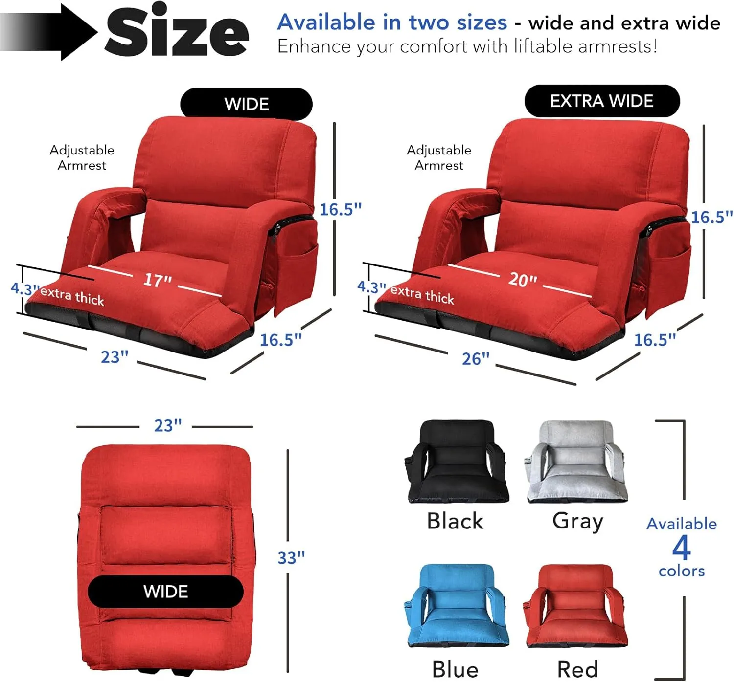 Wide Stadium Seats With Back Support 2 Pack, Exclusive "Sofa Style" Design Extra Thick Bleacher Chairs With Back and Cushion, 6 Reclining Positions - Ultimate Comfort for Sports Events (Red, 22.5")