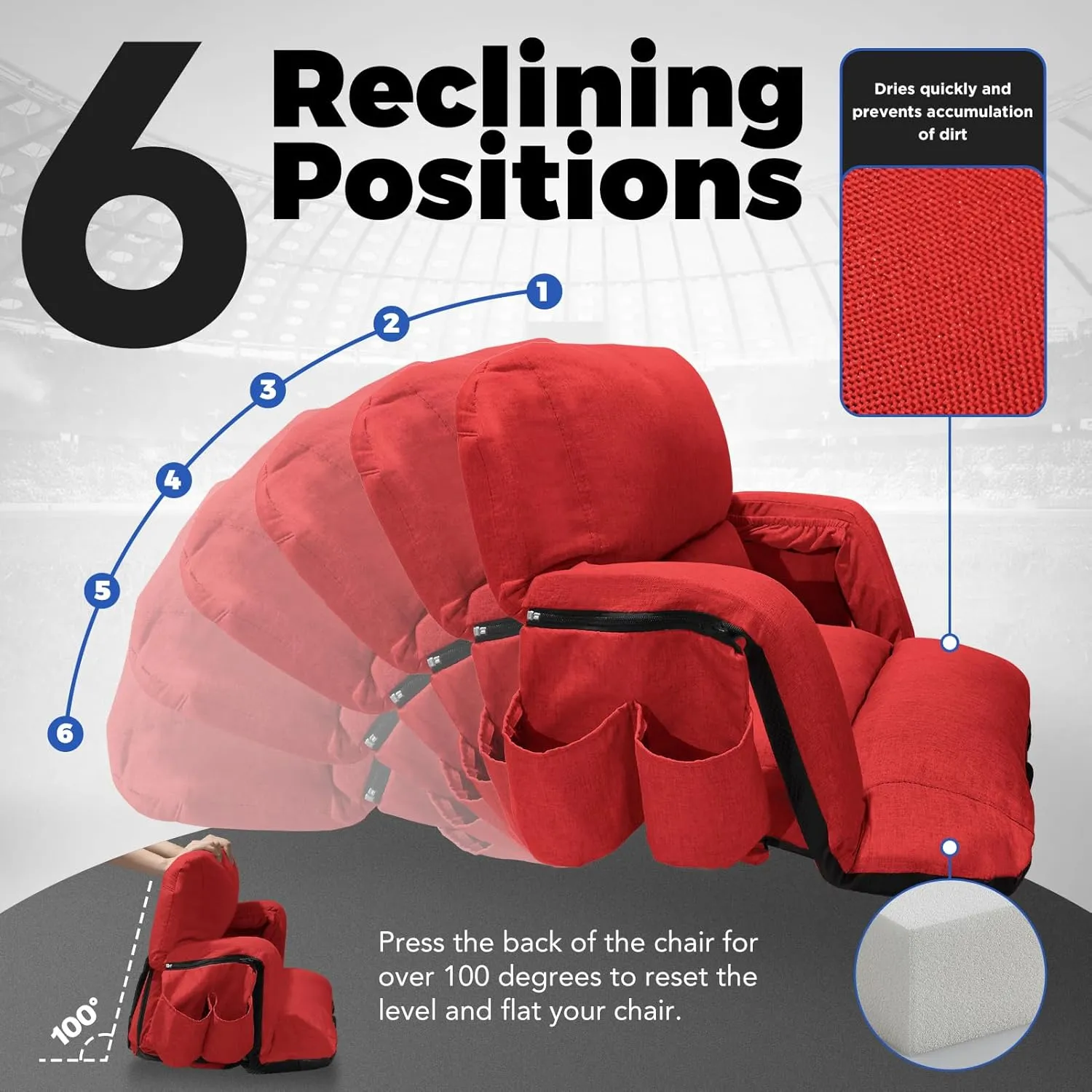 Wide Stadium Seats With Back Support 2 Pack, Exclusive "Sofa Style" Design Extra Thick Bleacher Chairs With Back and Cushion, 6 Reclining Positions - Ultimate Comfort for Sports Events (Red, 22.5")
