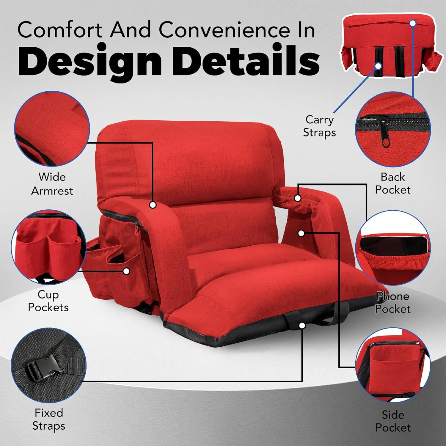 Wide Stadium Seats With Back Support 2 Pack, Exclusive "Sofa Style" Design Extra Thick Bleacher Chairs With Back and Cushion, 6 Reclining Positions - Ultimate Comfort for Sports Events (Red, 22.5")