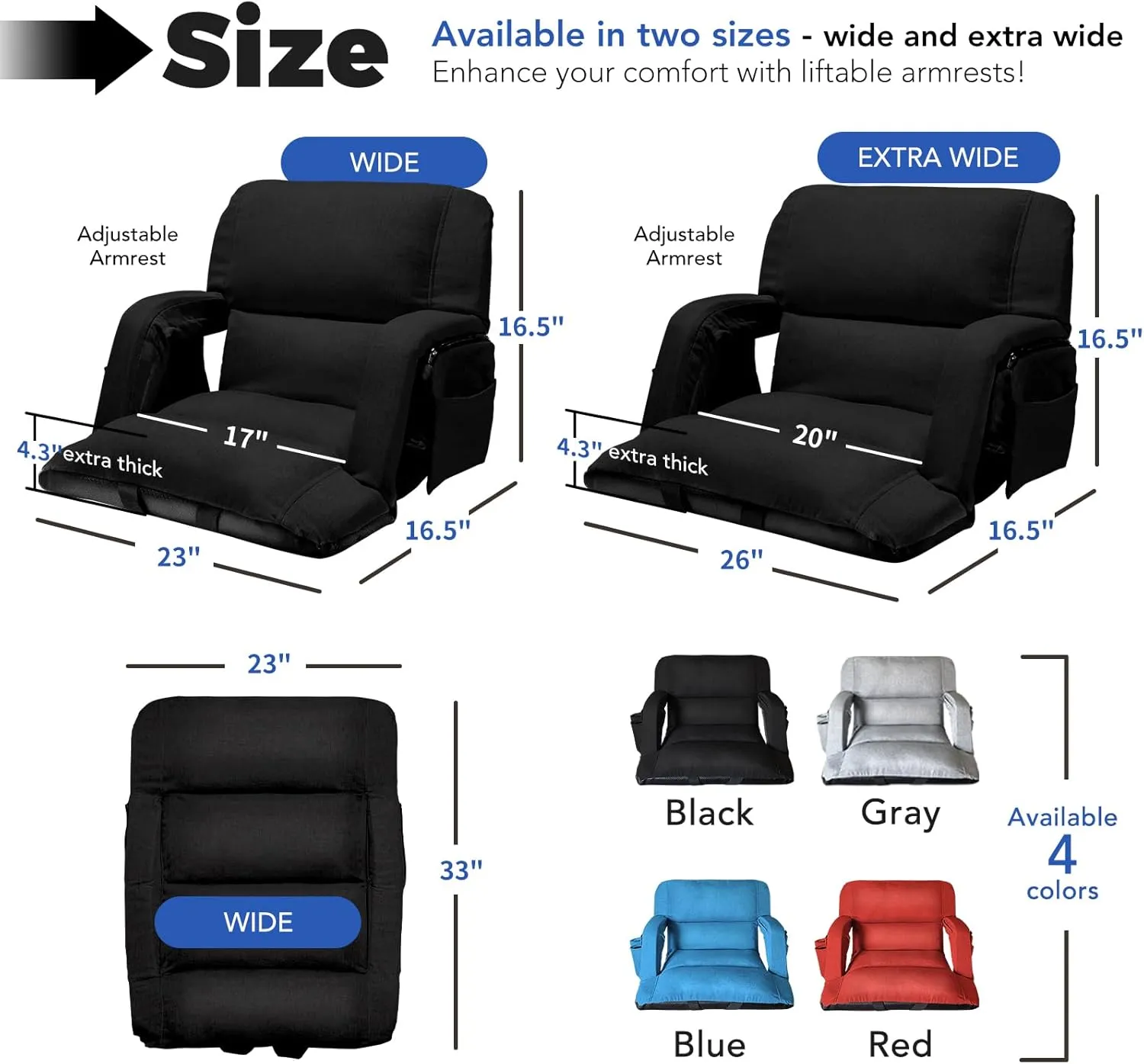 Wide Stadium Seats With Back Support, Exclusive "Sofa Style" Design Extra Thick Bleacher Chairs With Back and Cushion, 6 Reclining Positions - Ultimate Comfort for Sports Events (Black, 22.5")