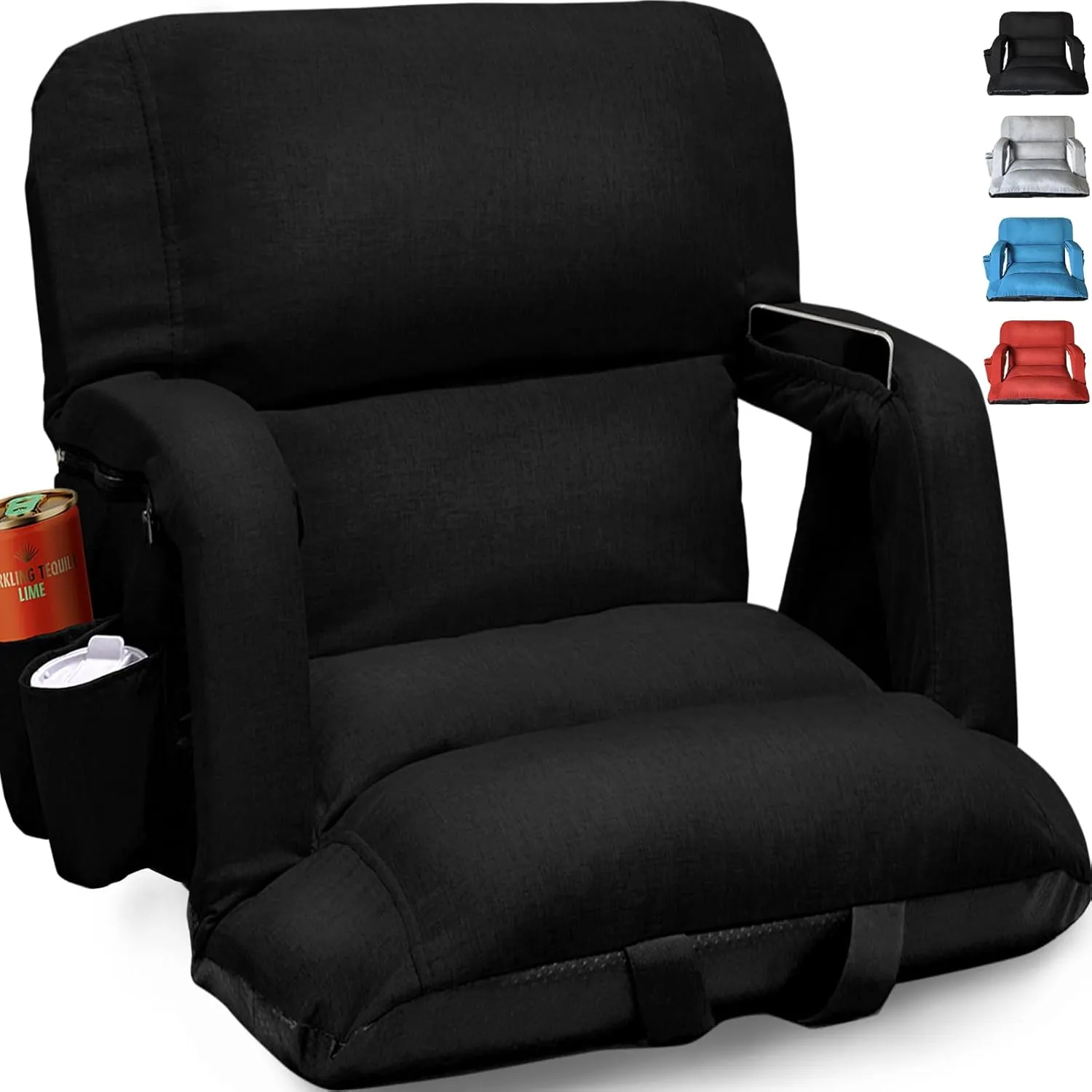 Wide Stadium Seats With Back Support, Exclusive "Sofa Style" Design Extra Thick Bleacher Chairs With Back and Cushion, 6 Reclining Positions - Ultimate Comfort for Sports Events (Black, 22.5")