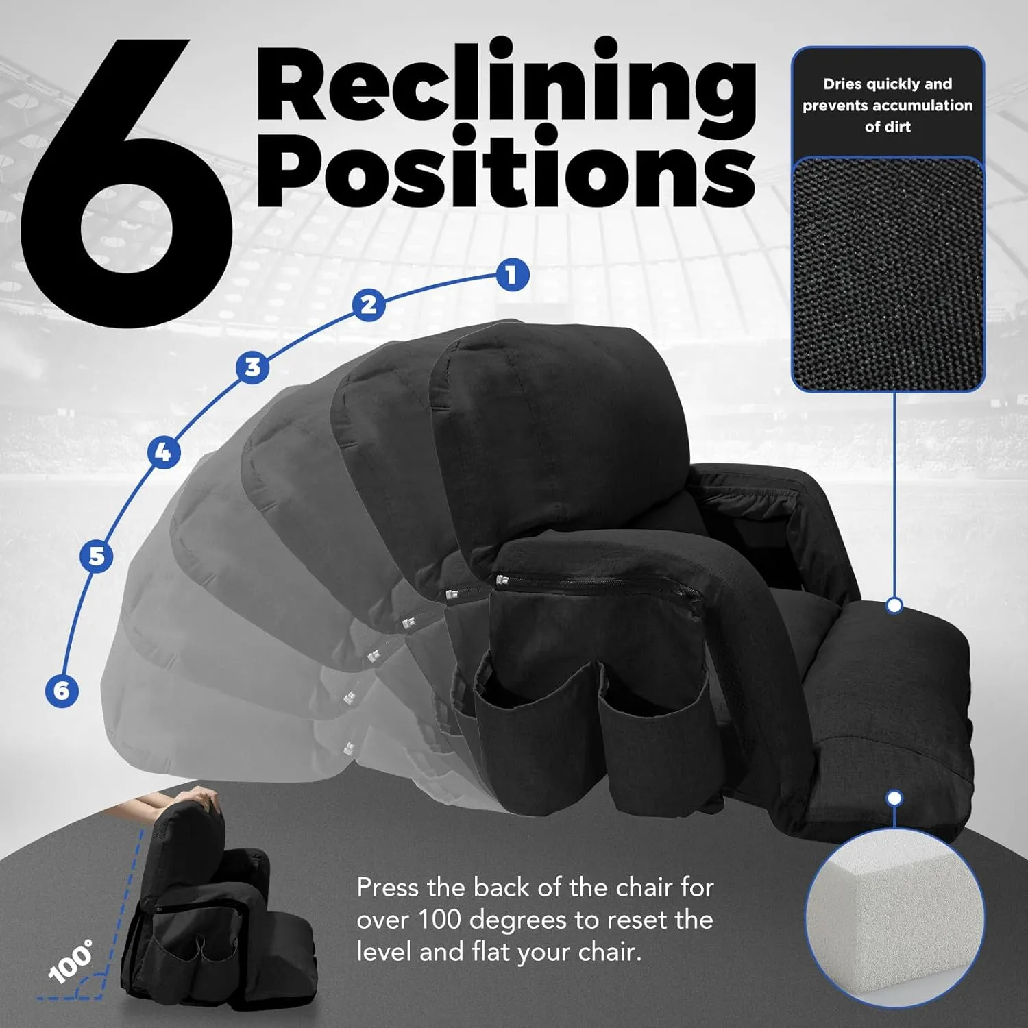 Wide Stadium Seats With Back Support, Exclusive "Sofa Style" Design Extra Thick Bleacher Chairs With Back and Cushion, 6 Reclining Positions - Ultimate Comfort for Sports Events (Black, 22.5")