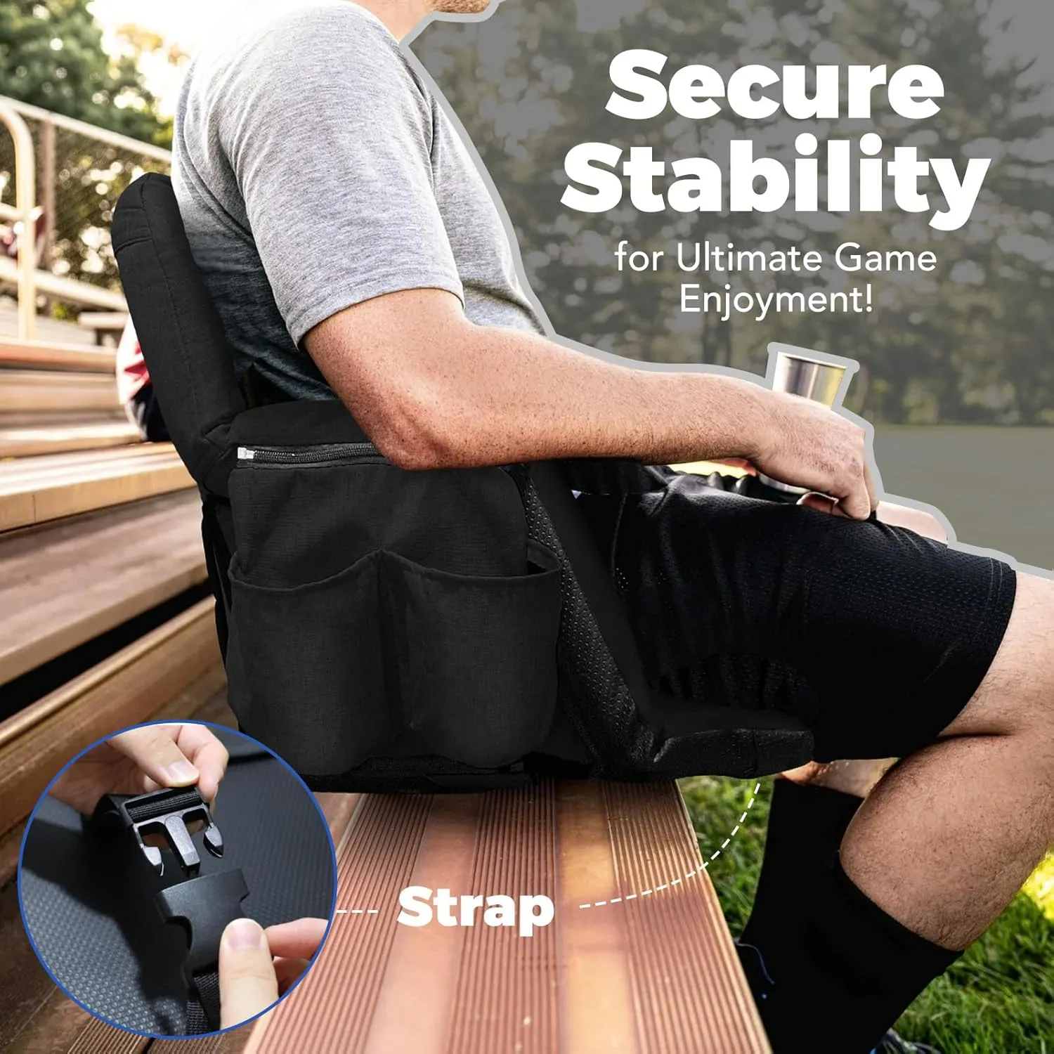 Wide Stadium Seats With Back Support, Exclusive "Sofa Style" Design Extra Thick Bleacher Chairs With Back and Cushion, 6 Reclining Positions - Ultimate Comfort for Sports Events (Black, 22.5")