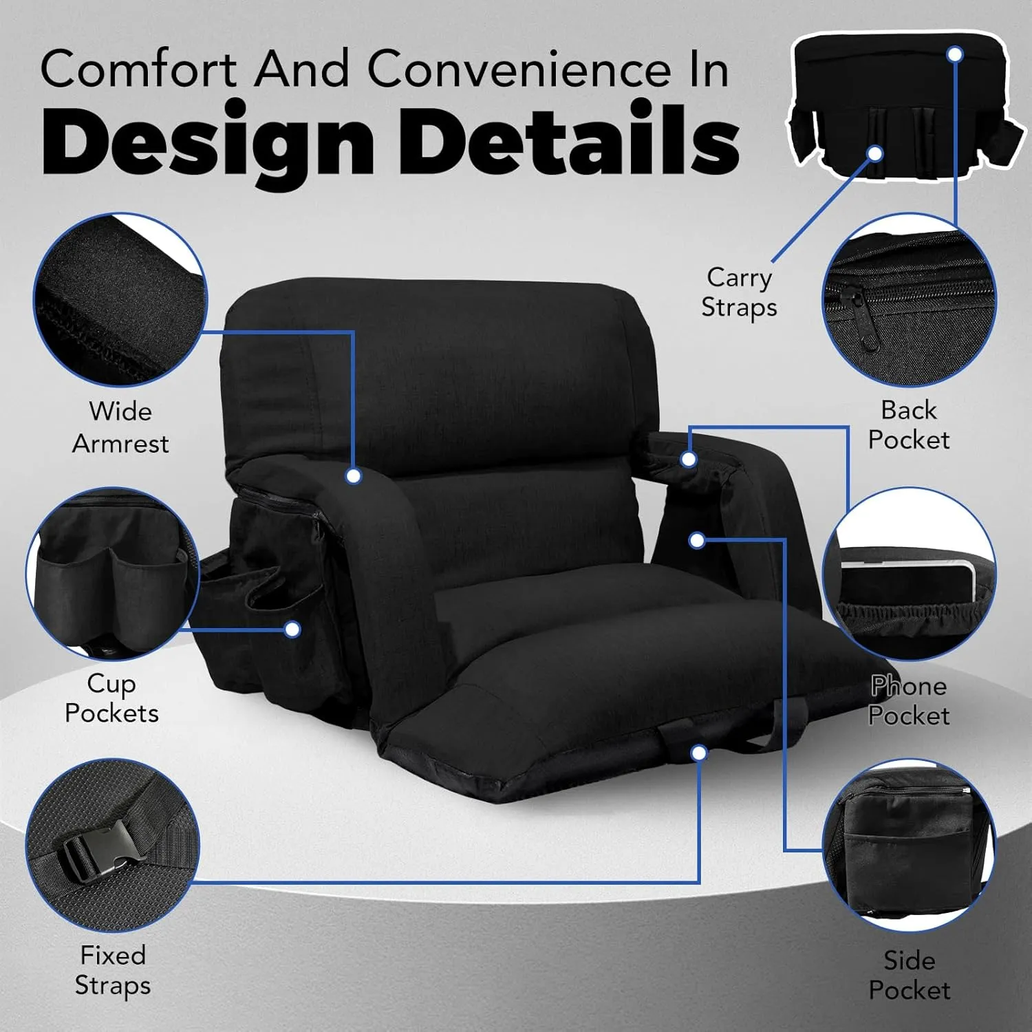 Wide Stadium Seats With Back Support, Exclusive "Sofa Style" Design Extra Thick Bleacher Chairs With Back and Cushion, 6 Reclining Positions - Ultimate Comfort for Sports Events (Black, 22.5")